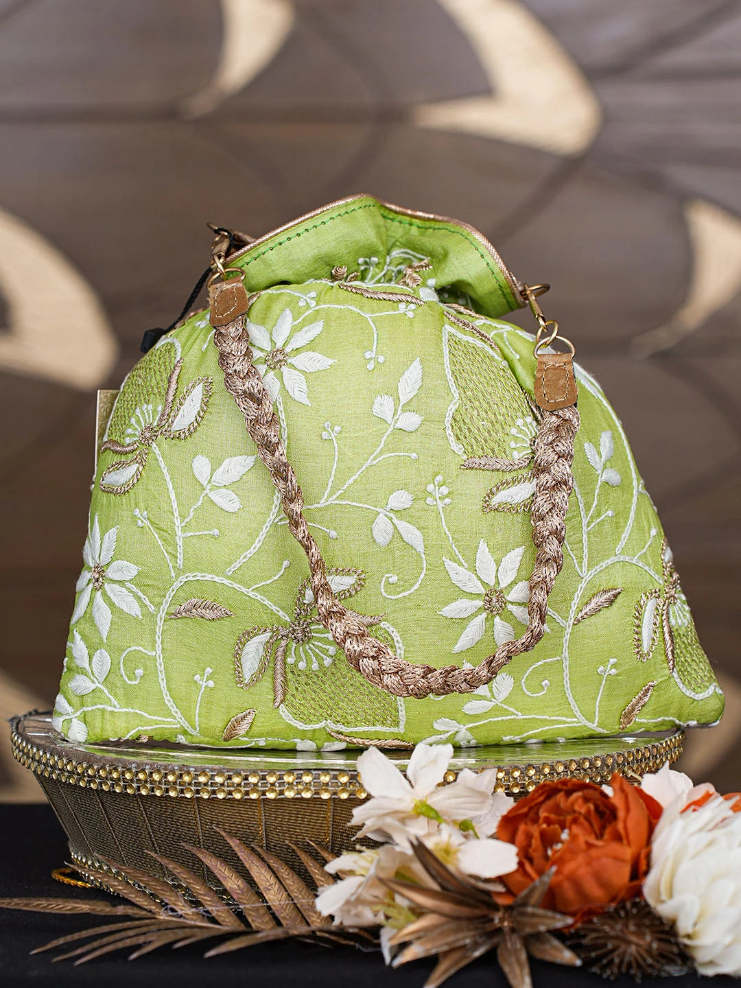 Ada Hand Embroidered Green Silk Lucknowi Chikankari Potli Bag With Zari Work 01A808034