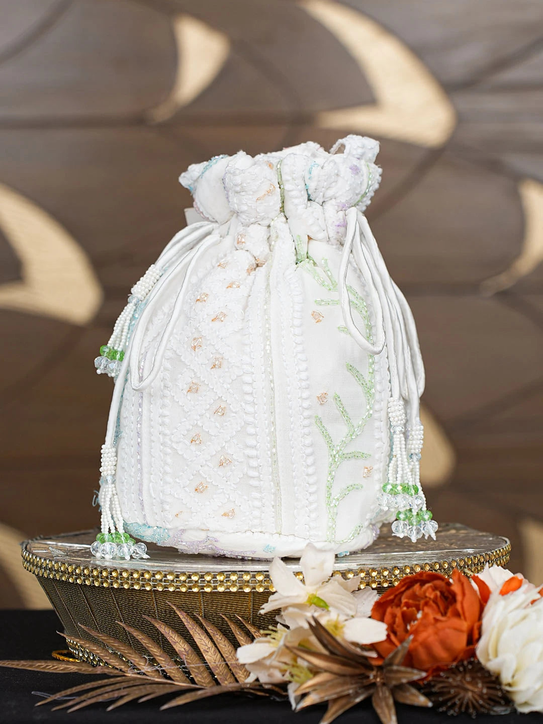 Ada Hand Embroidered White Viscose Georgette Lucknowi Chikankari Potli Bag With Cutdana Work 01A856580