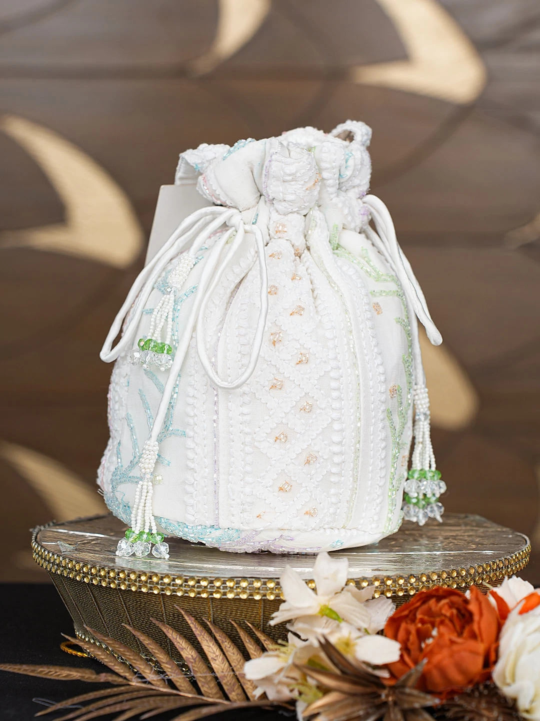 Ada Hand Embroidered White Viscose Georgette Lucknowi Chikankari Potli Bag With Cutdana Work 01A856580