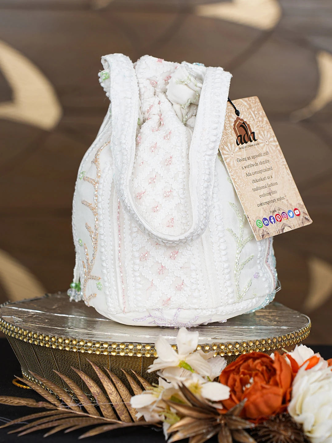 Ada Hand Embroidered White Viscose Georgette Lucknowi Chikankari Potli Bag With Cutdana Work 01A856580