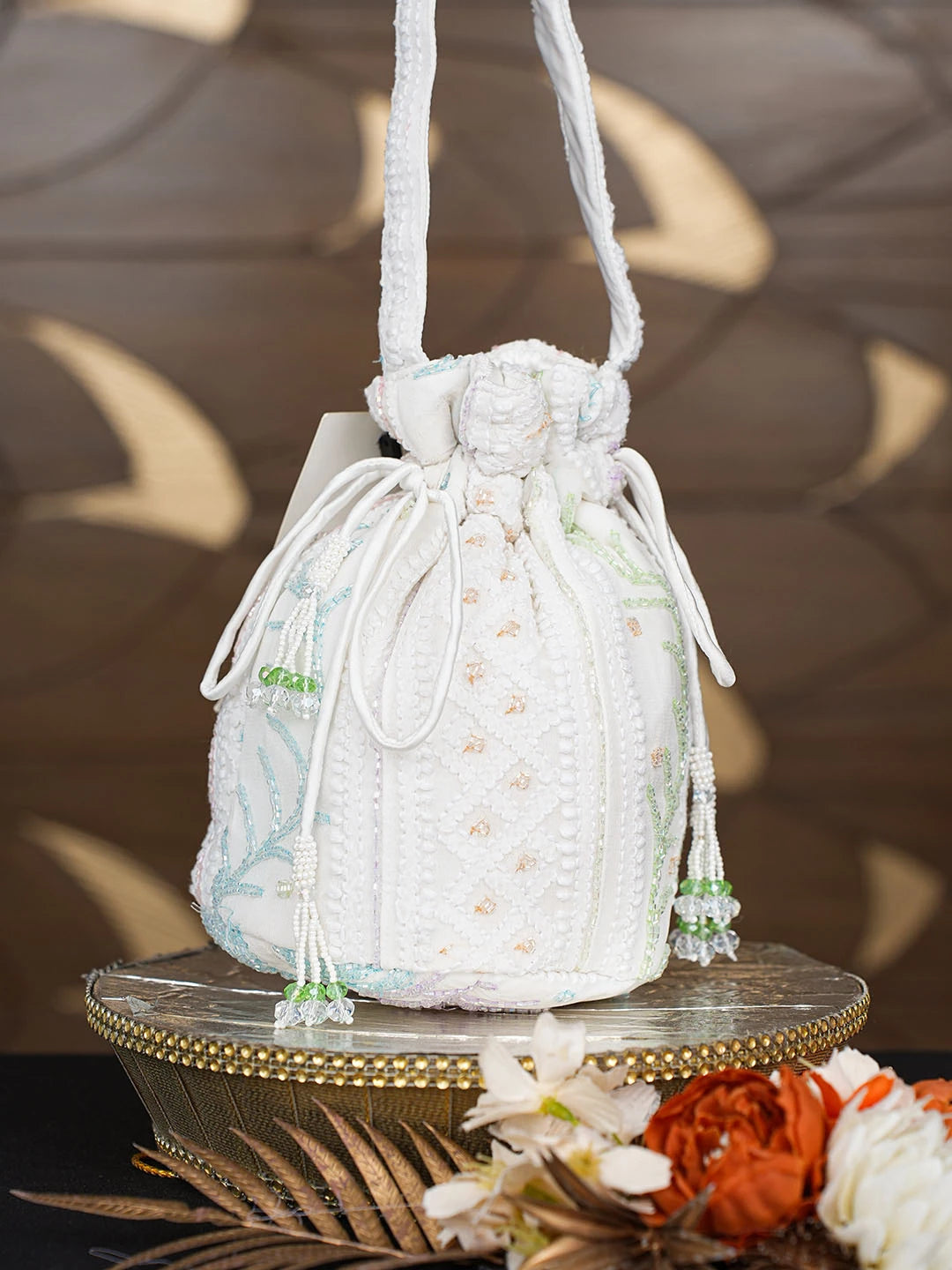 Ada Hand Embroidered White Viscose Georgette Lucknowi Chikankari Potli Bag With Cutdana Work 01A856580