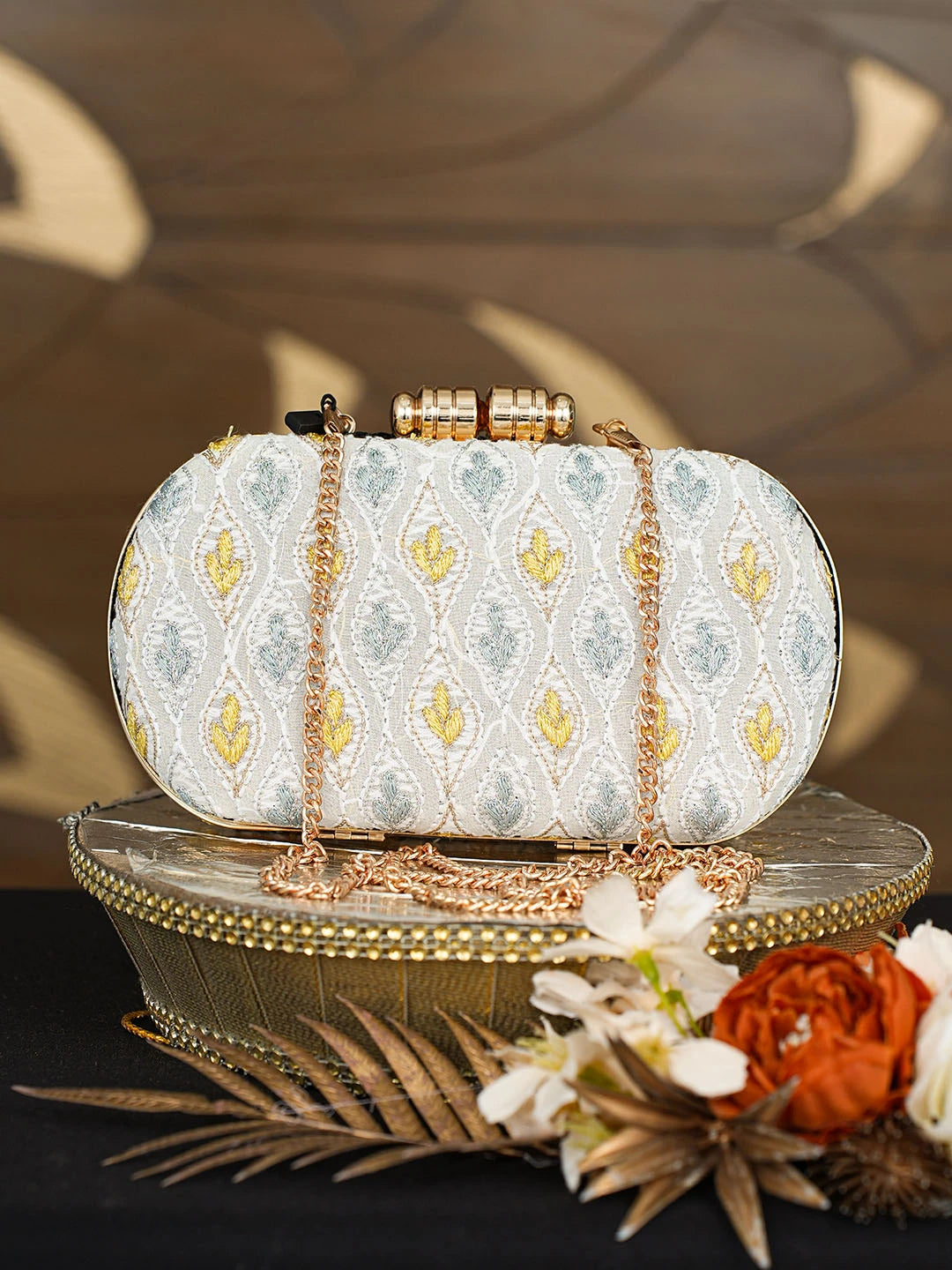Ada Hand Embroidered Grey Pure Georgette Lucknowi Chikankari Clutch With Zari Work 01A785664
