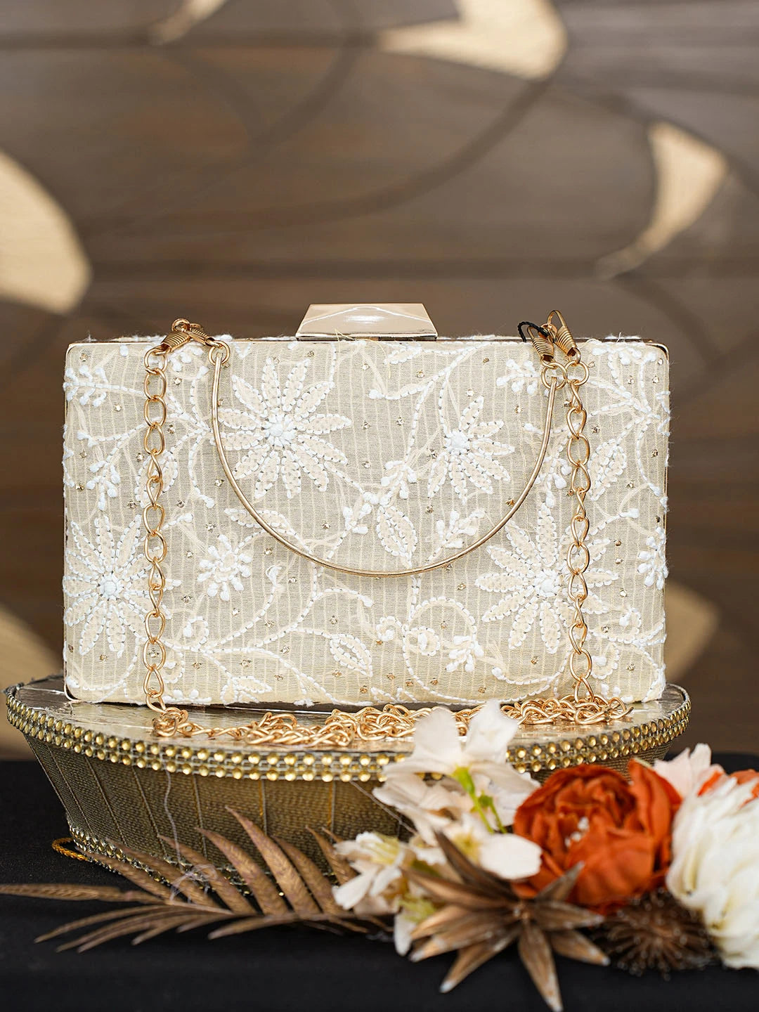 Ada Hand Embroidered Fawn Silk Lucknowi Chikankari Clutch With Mukaish Work 01A758977