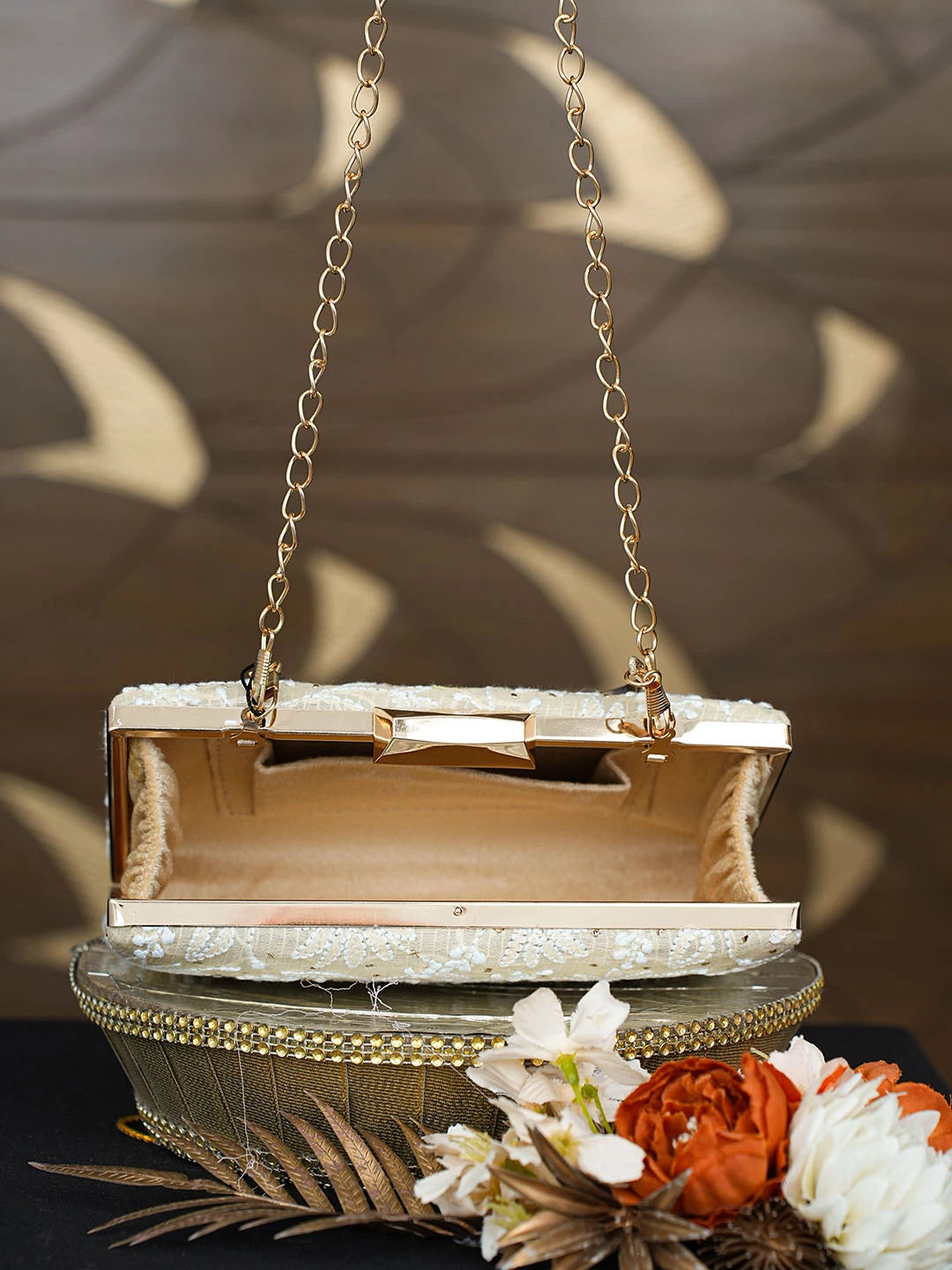 Ada Hand Embroidered Fawn Silk Lucknowi Chikankari Clutch With Mukaish Work 01A758977