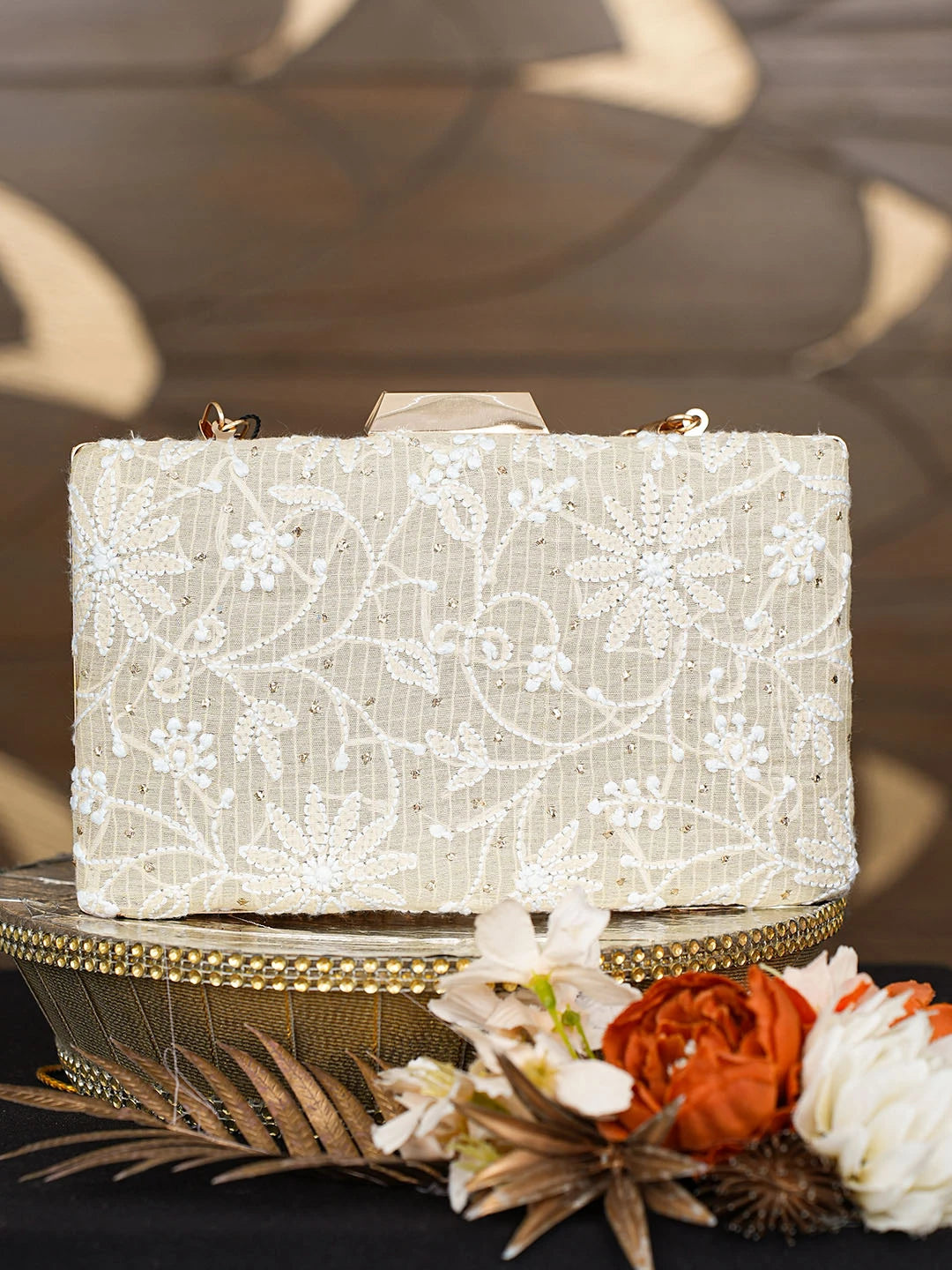 Ada Hand Embroidered Fawn Silk Lucknowi Chikankari Clutch With Mukaish Work 01A758977