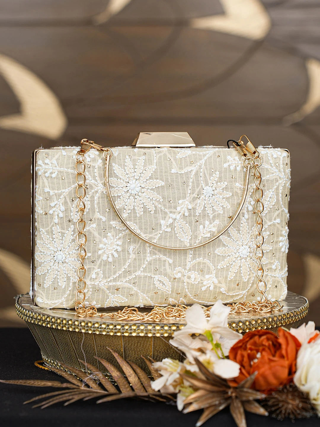 Ada Hand Embroidered Fawn Silk Lucknowi Chikankari Clutch With Mukaish Work 01A758977