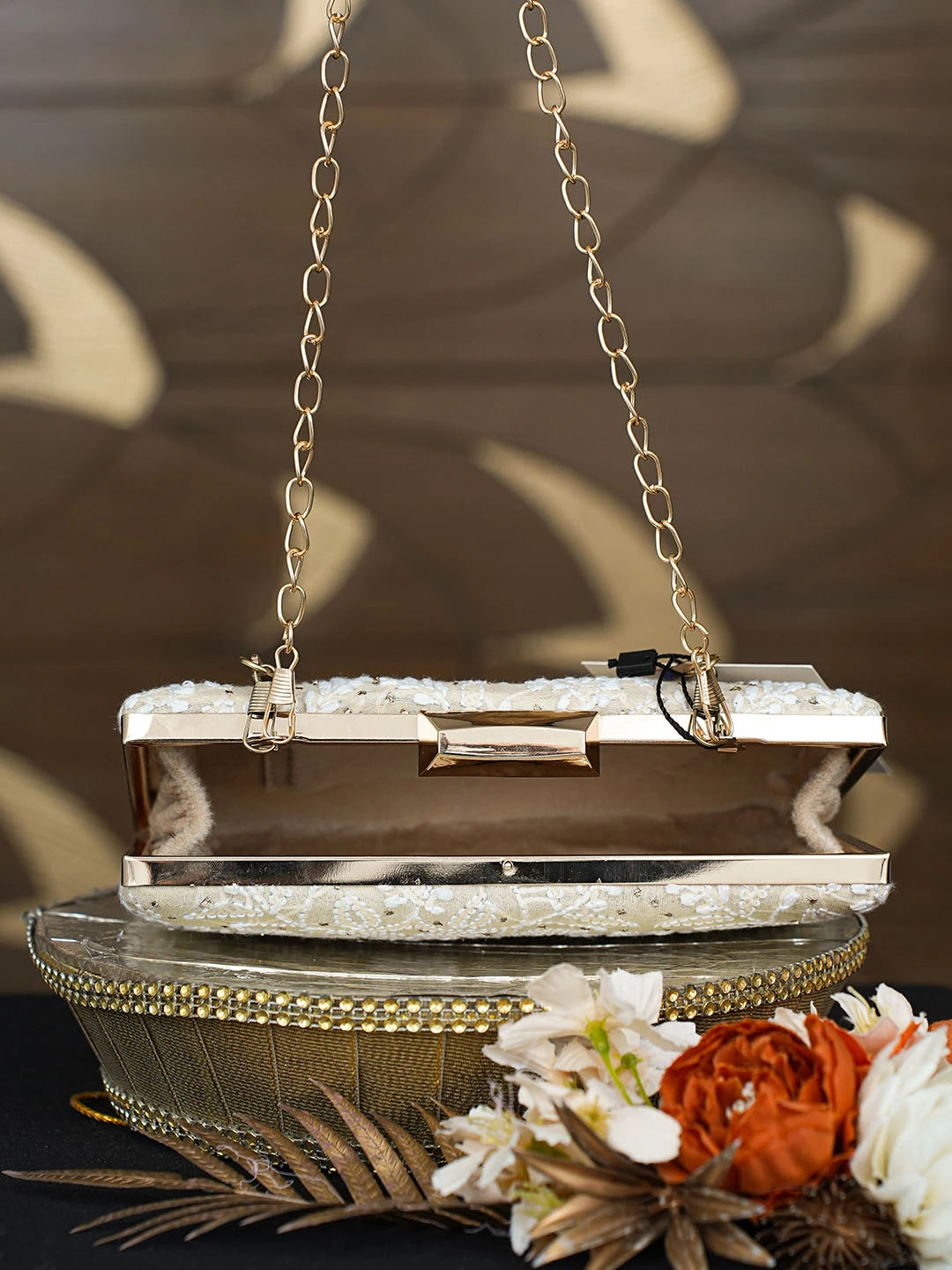 Ada Hand Embroidered Fawn Silk Lucknowi Chikankari Clutch With Mukaish Work 01A791417