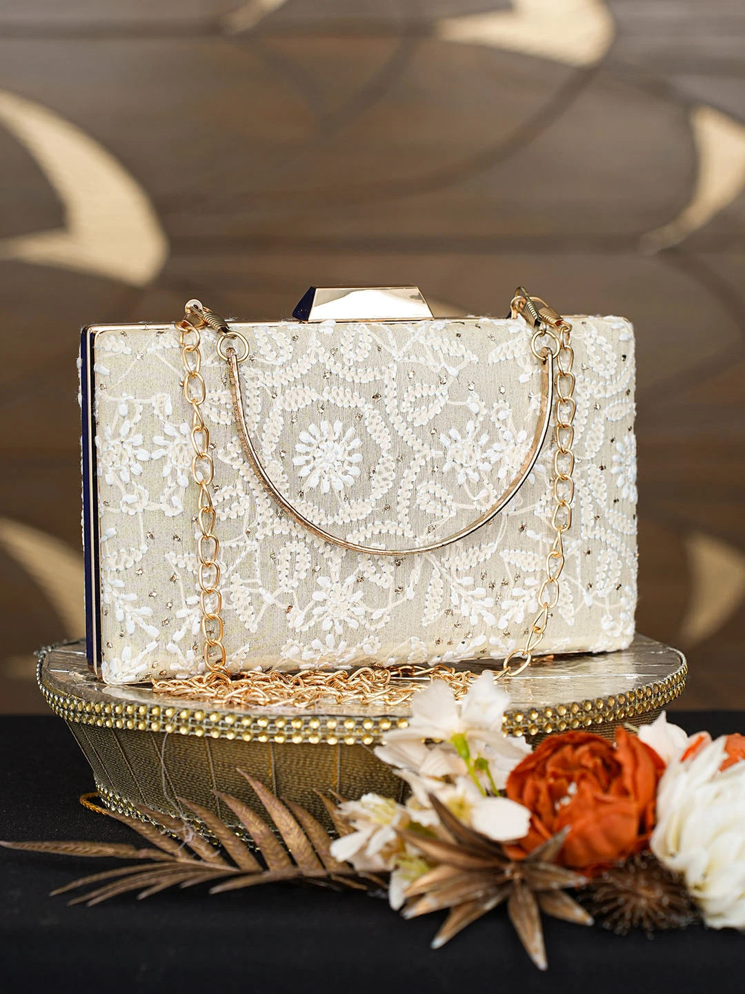 Ada Hand Embroidered Fawn Silk Lucknowi Chikankari Clutch With Mukaish Work 01A791417