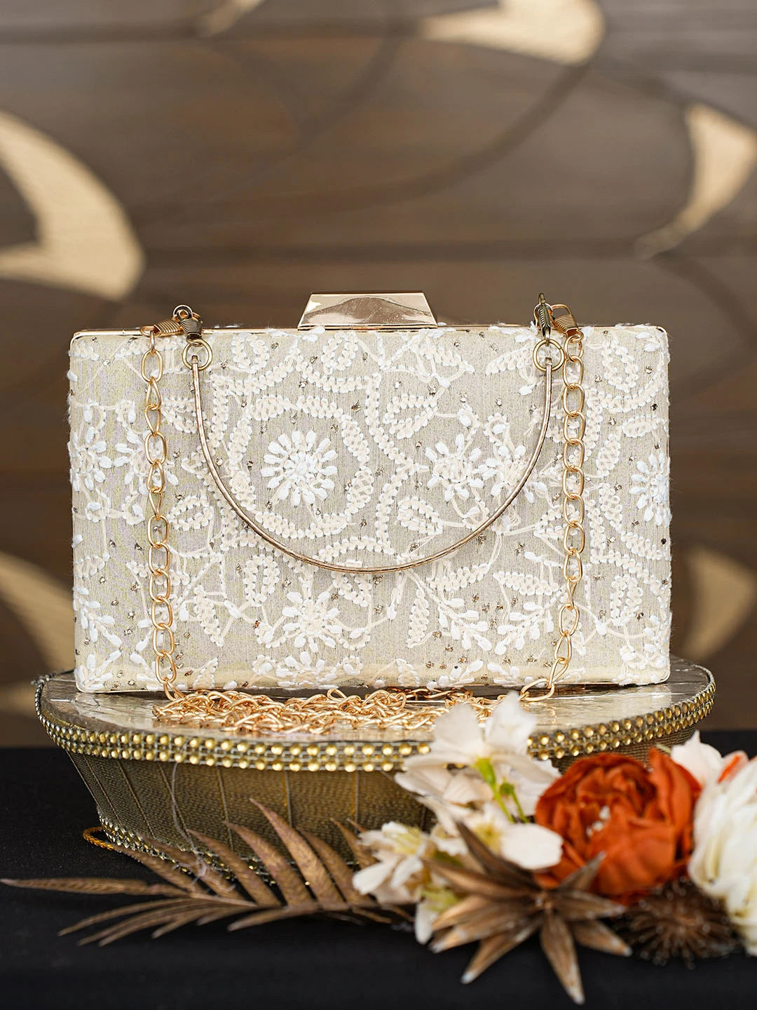 Ada Hand Embroidered Fawn Silk Lucknowi Chikankari Clutch With Mukaish Work 01A791417