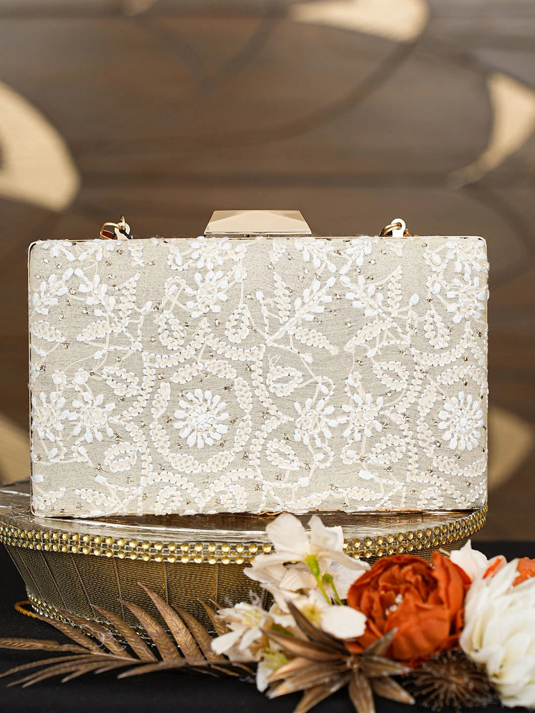 Ada Hand Embroidered Fawn Silk Lucknowi Chikankari Clutch With Mukaish Work 01A791417