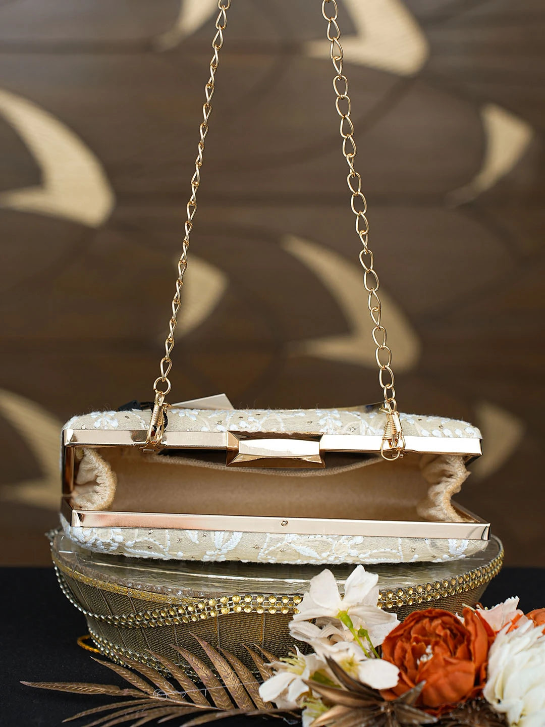 Ada Hand Embroidered Fawn Silk Lucknowi Chikankari Clutch With Mukaish Work 01A758996
