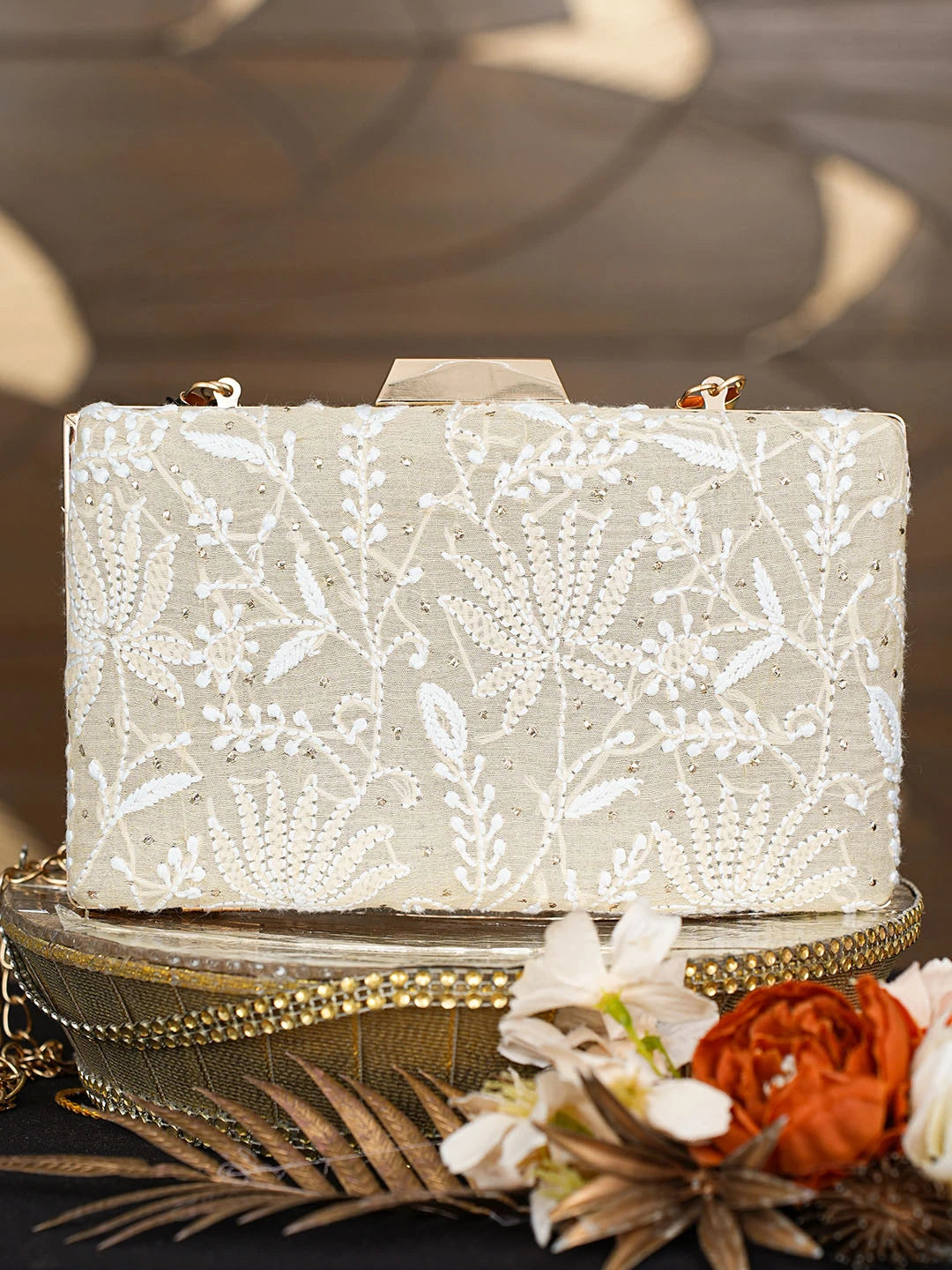 Ada Hand Embroidered Fawn Silk Lucknowi Chikankari Clutch With Mukaish Work 01A758996
