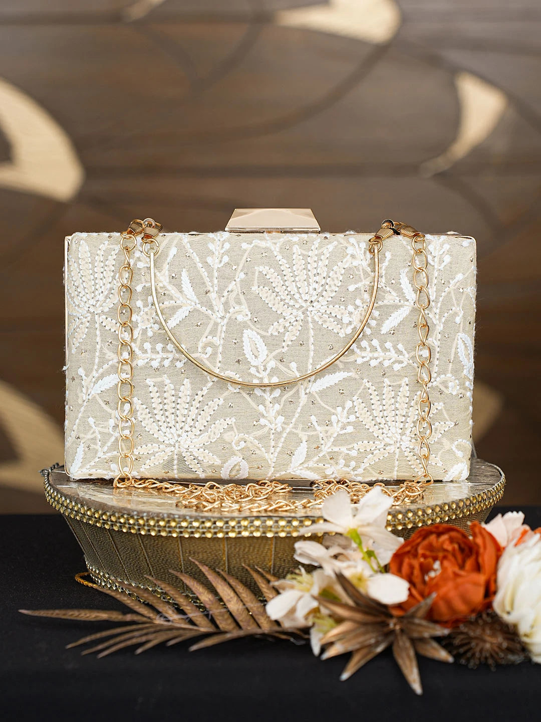 Ada Hand Embroidered Fawn Silk Lucknowi Chikankari Clutch With Mukaish Work 01A758996