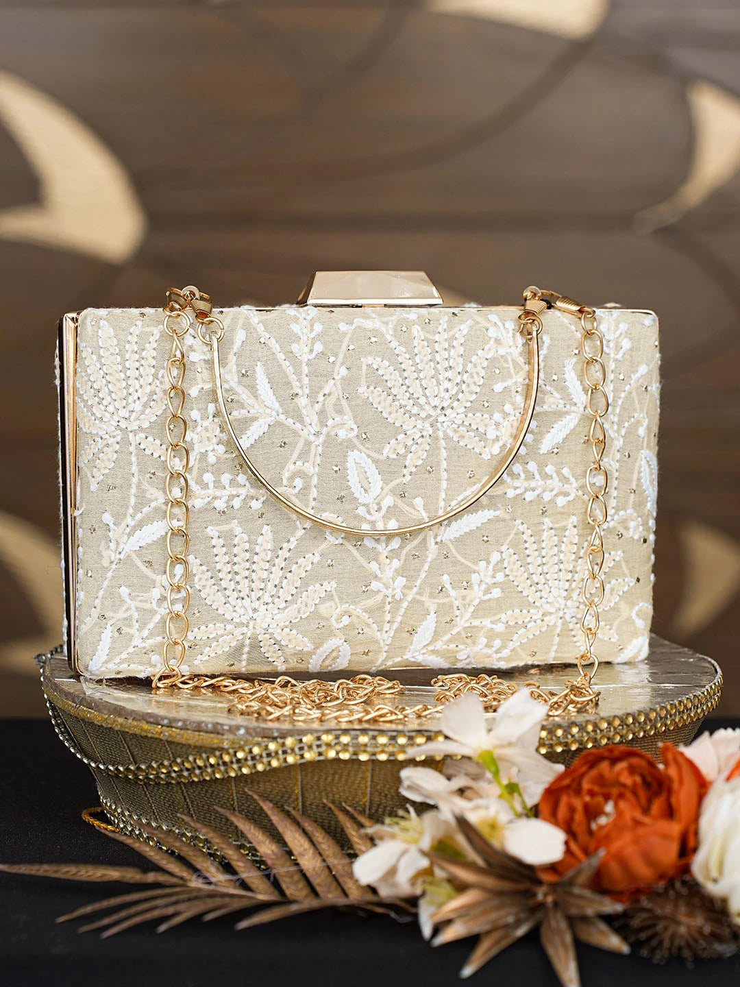 Ada Hand Embroidered Fawn Silk Lucknowi Chikankari Clutch With Mukaish Work 01A758996