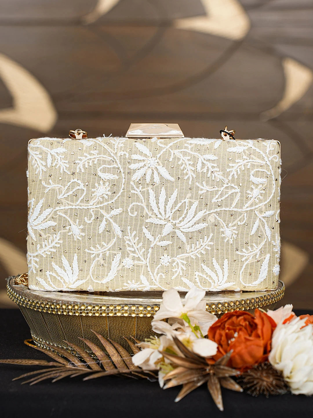 Ada Hand Embroidered Fawn Silk Lucknowi Chikankari Clutch With Mukaish Work 01A759036