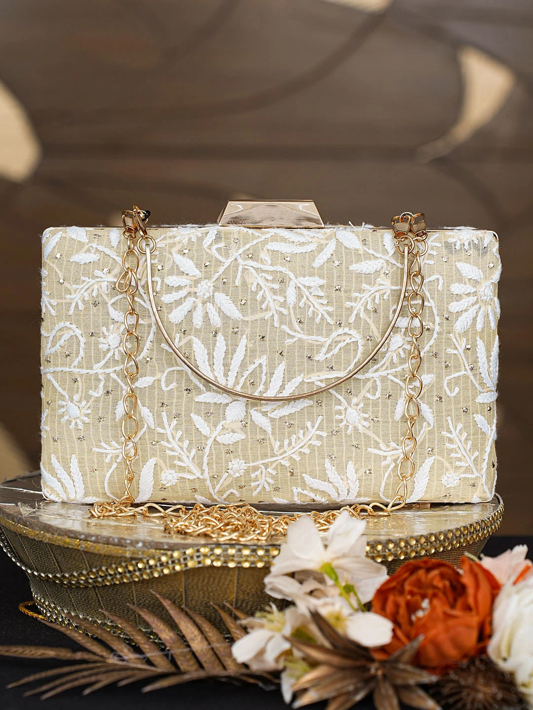 Ada Hand Embroidered Fawn Silk Lucknowi Chikankari Clutch With Mukaish Work 01A759036