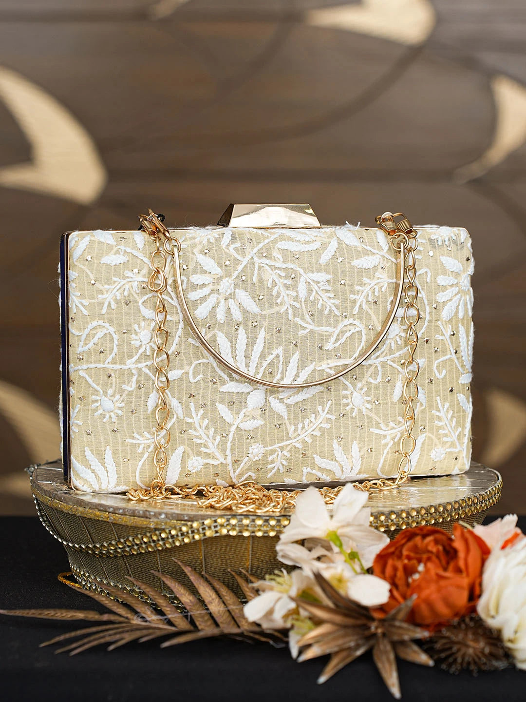 Ada Hand Embroidered Fawn Silk Lucknowi Chikankari Clutch With Mukaish Work 01A759036
