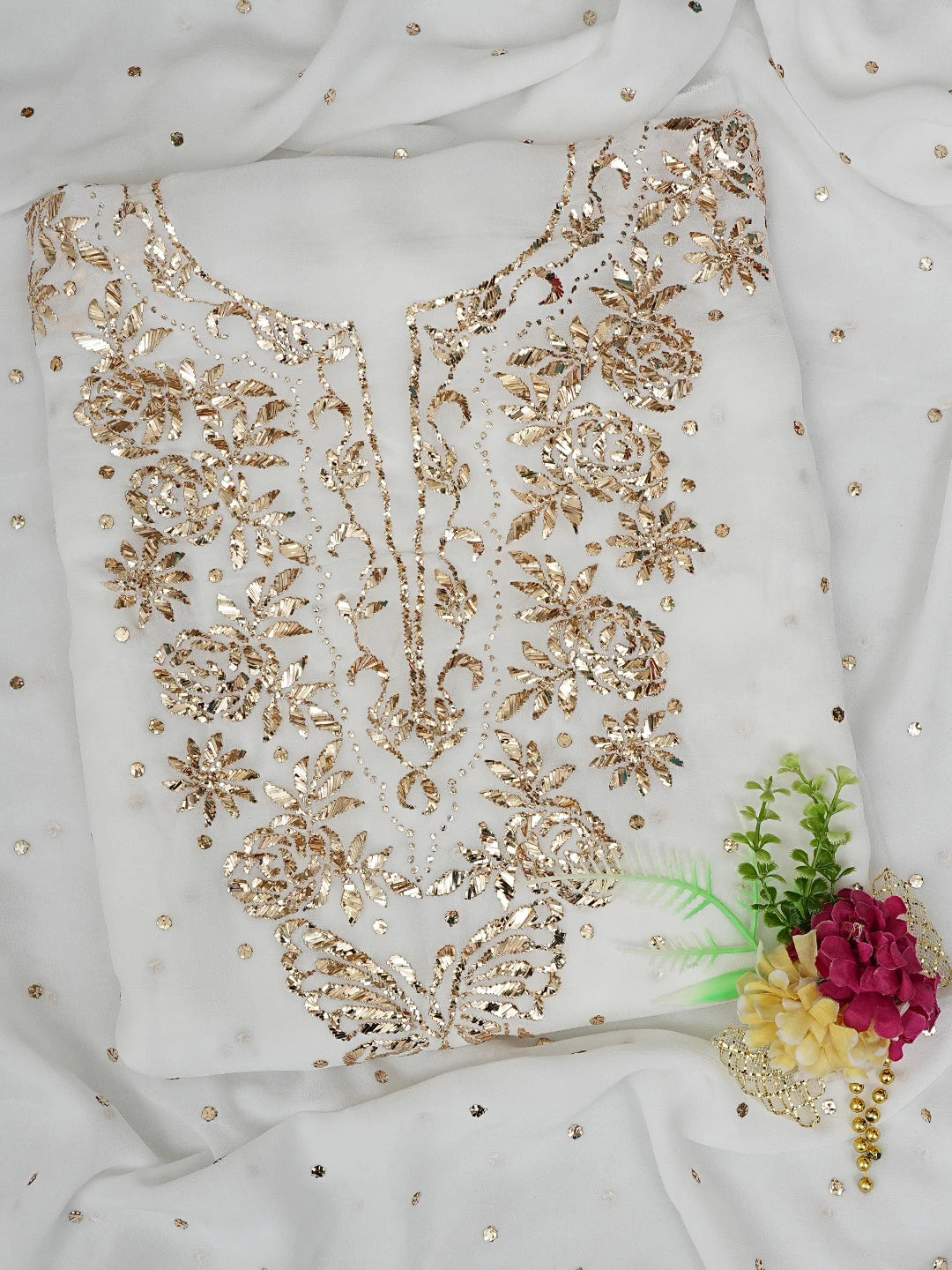 Ada Hand Embroidered White Viscose Georgette Lucknowi Chikankari Unstitched Kurta Dupatta Set With Mukaish Work 01A844980