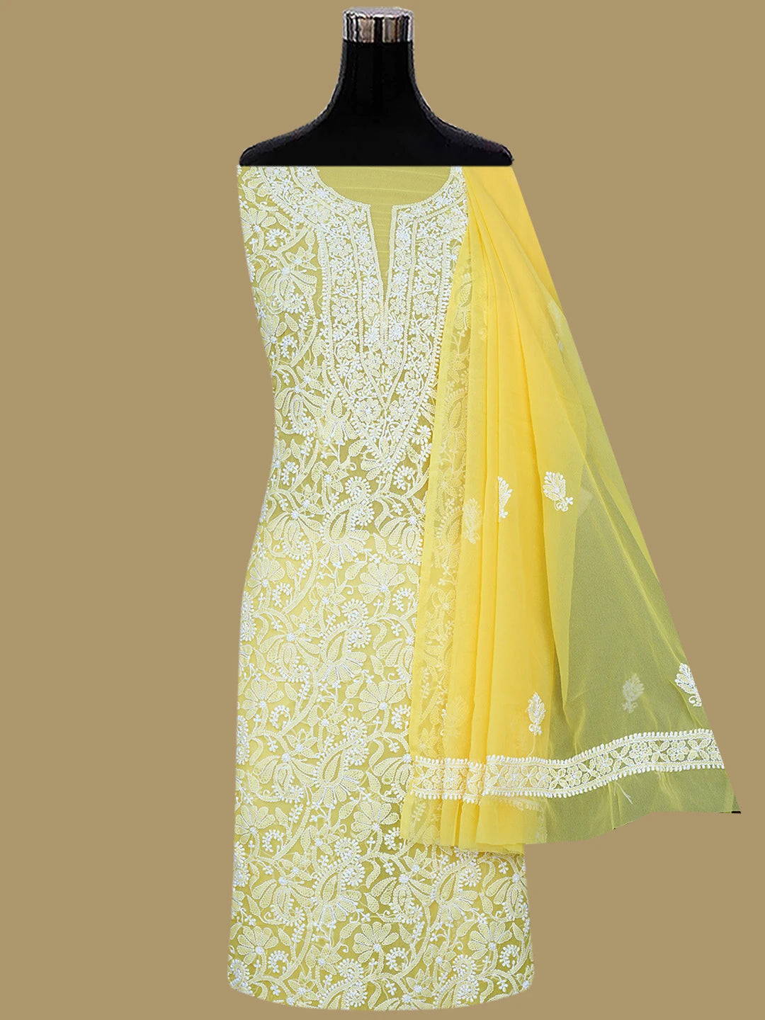 Ada Hand Embroidered Yellow Georgette Lucknowi Chikankari Unstitched Suit Piece 01A859813