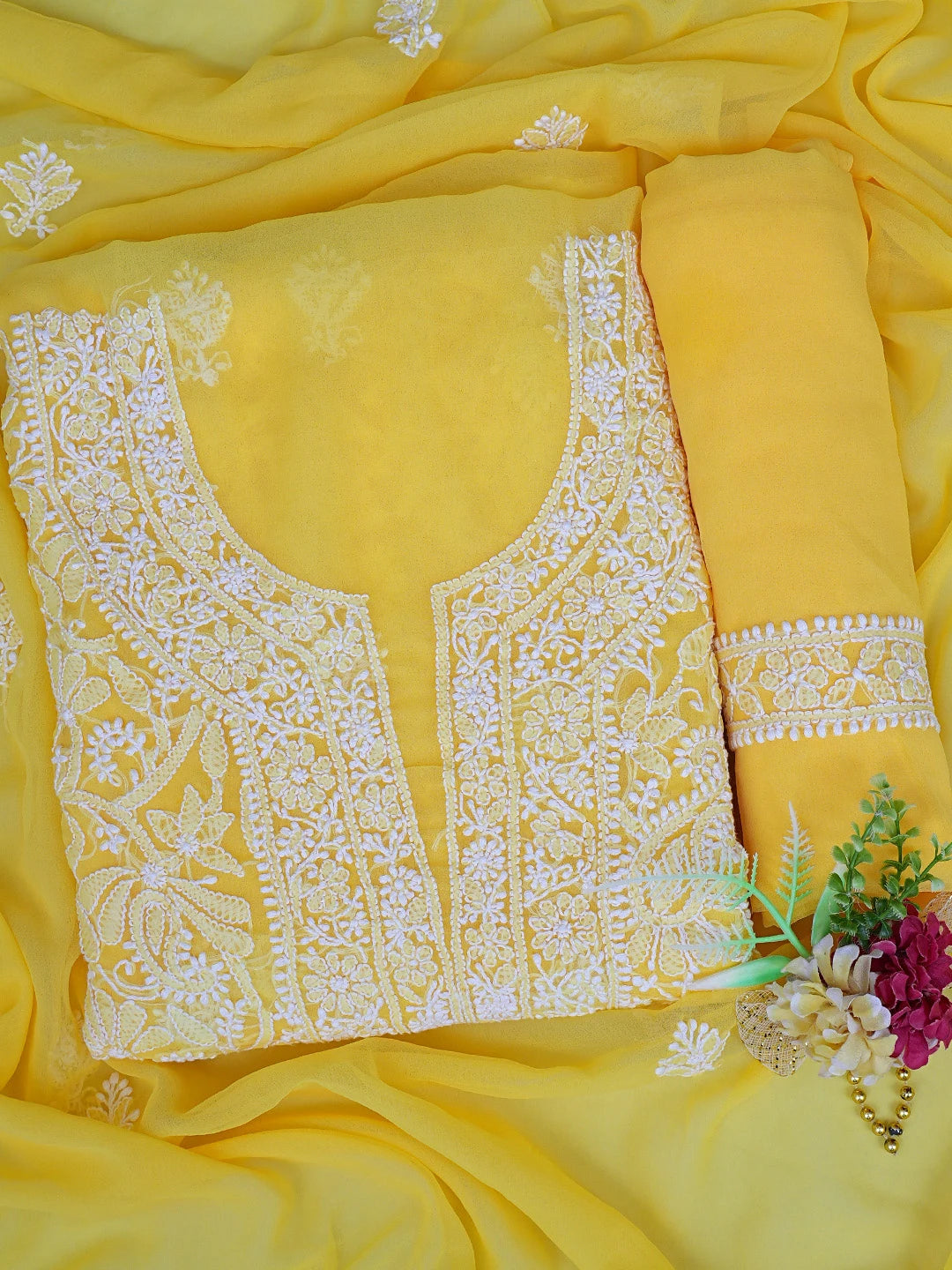 Ada Hand Embroidered Yellow Georgette Lucknowi Chikankari Unstitched Suit Piece 01A859813