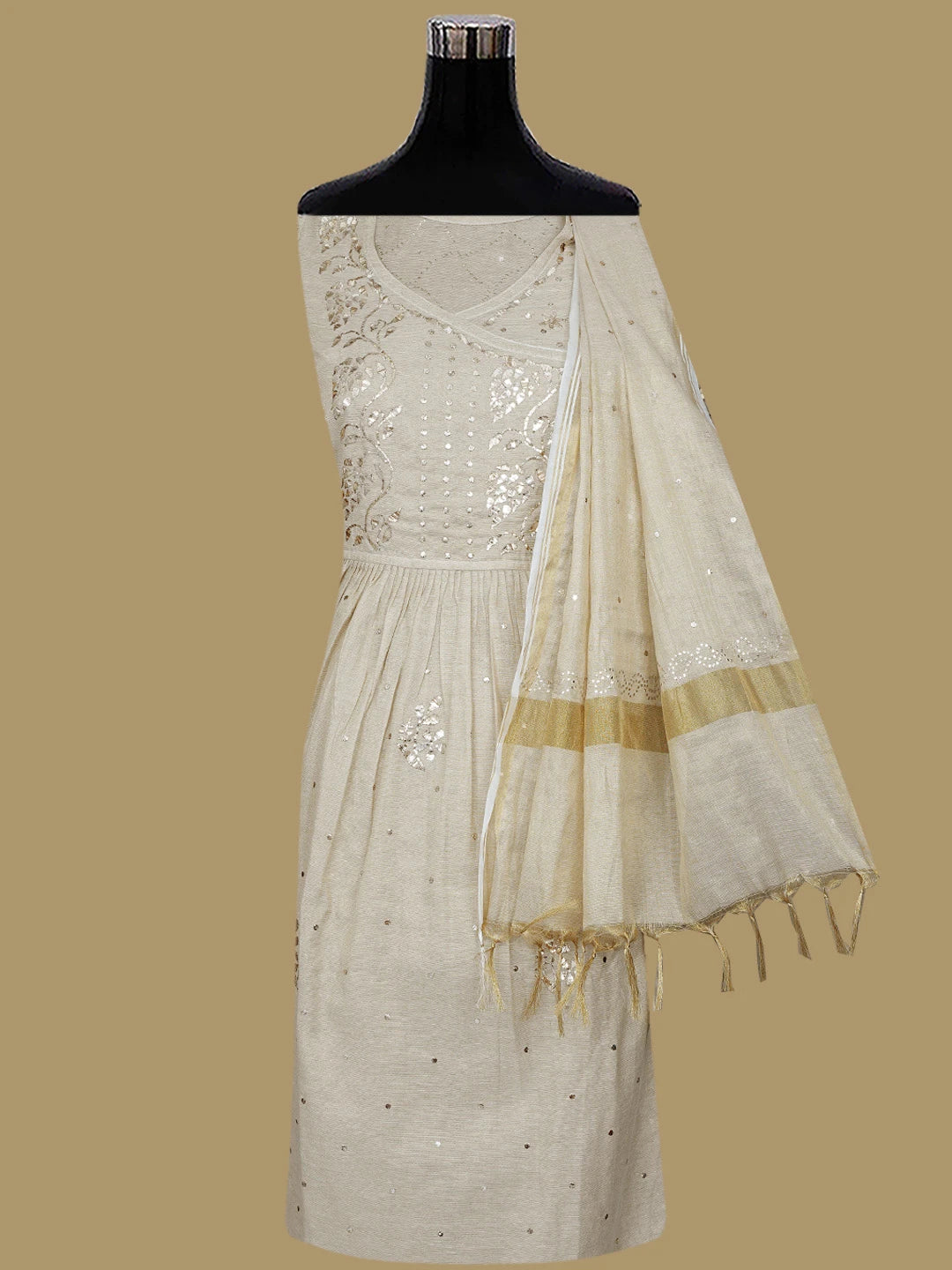 Ada Hand Embroidered Fawn Tissue Lucknowi Chikankari Semi-Stitched Anarkali Kurta Dupatta Set With Mukaish Work 01A802314