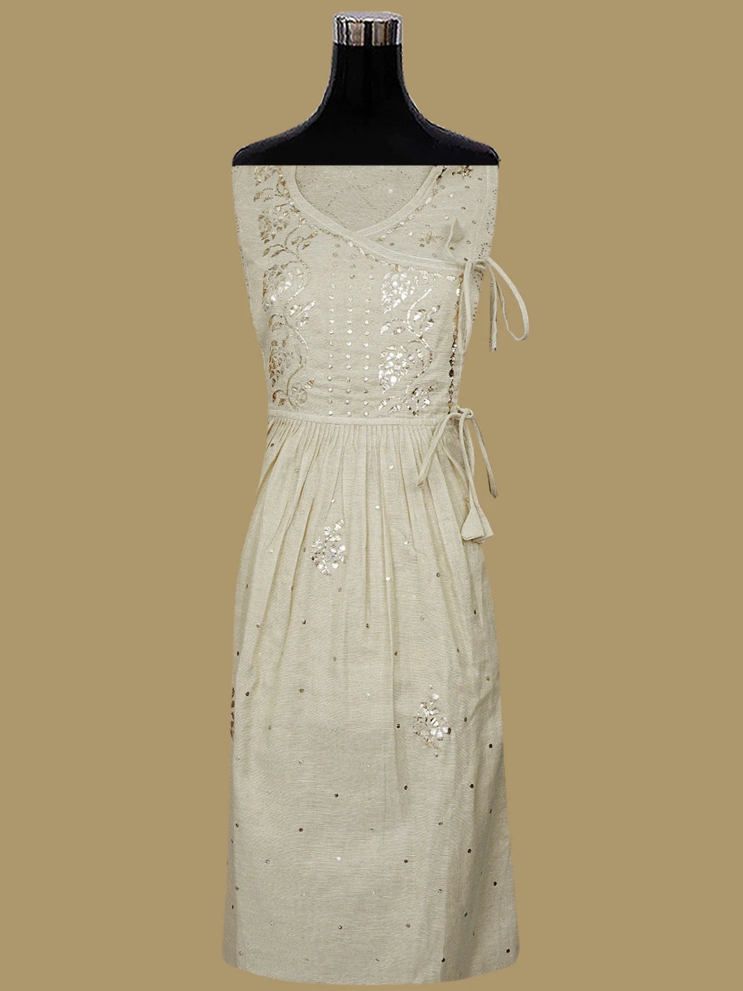 Ada Hand Embroidered Fawn Tissue Lucknowi Chikankari Semi-Stitched Anarkali Kurta Dupatta Set With Mukaish Work 01A802314