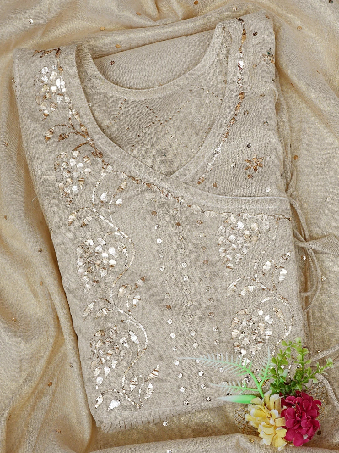 Ada Hand Embroidered Fawn Tissue Lucknowi Chikankari Semi-Stitched Anarkali Kurta Dupatta Set With Mukaish Work 01A802314