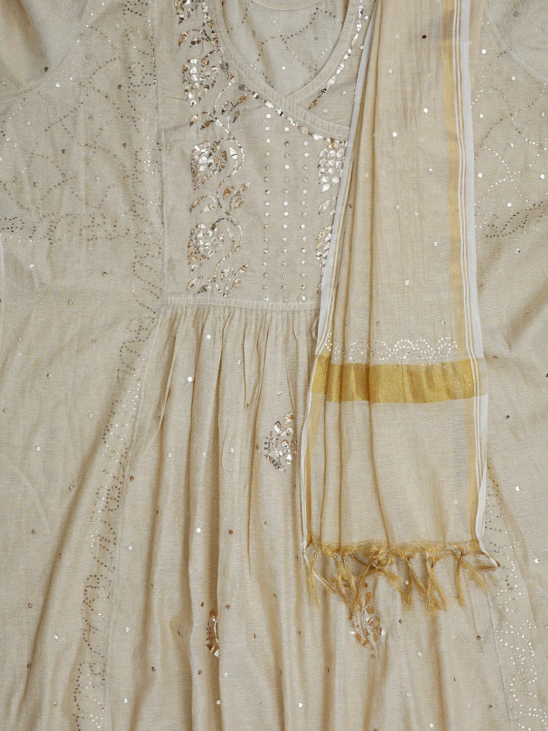 Ada Hand Embroidered Fawn Tissue Lucknowi Chikankari Semi-Stitched Anarkali Kurta Dupatta Set With Mukaish Work 01A802314