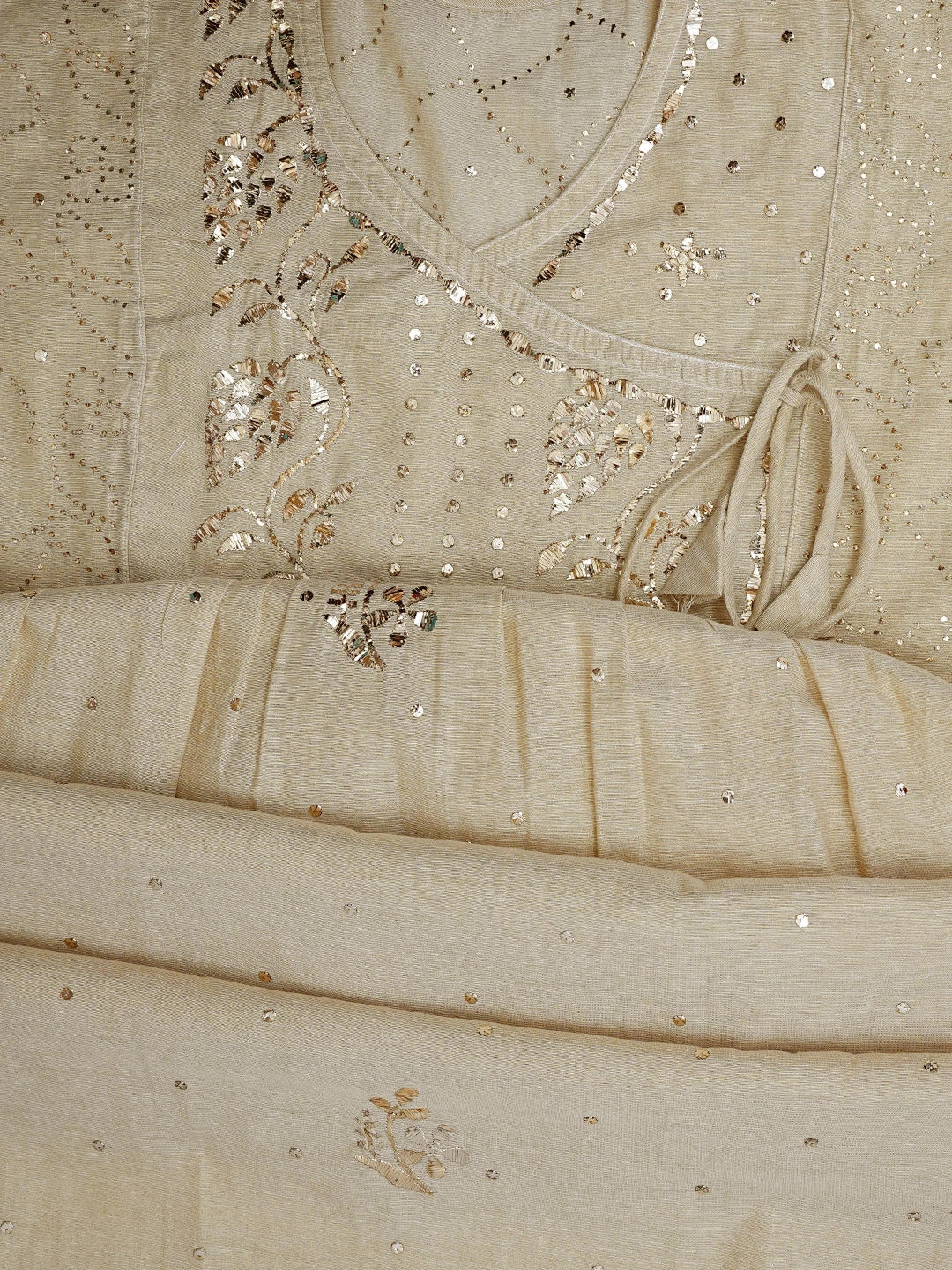 Ada Hand Embroidered Fawn Tissue Lucknowi Chikankari Semi-Stitched Anarkali Kurta Dupatta Set With Mukaish Work 01A802314