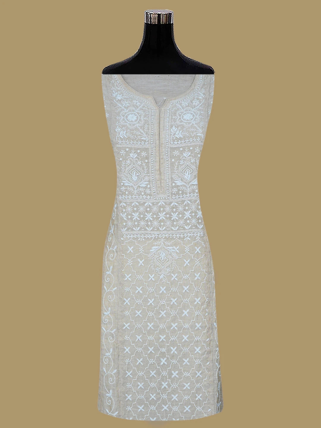 Ada Hand Embroidered Fawn Tissue Lucknowi Chikankari Semi-Stitched Kurta Dupatta Set With Pearl Work 01A815543