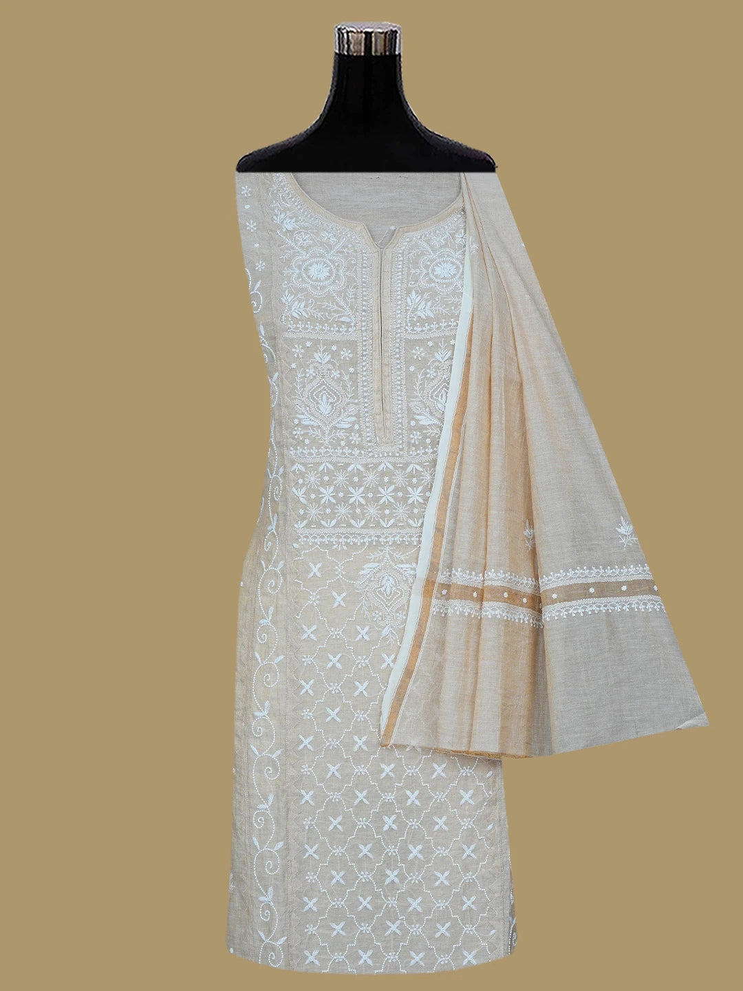 Ada Hand Embroidered Fawn Tissue Lucknowi Chikankari Semi-Stitched Kurta Dupatta Set With Pearl Work 01A815543