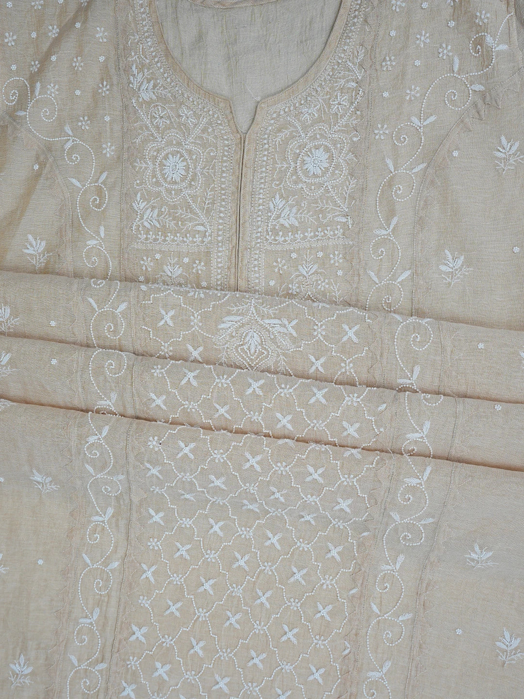 Ada Hand Embroidered Fawn Tissue Lucknowi Chikankari Semi-Stitched Kurta Dupatta Set With Pearl Work 01A815543