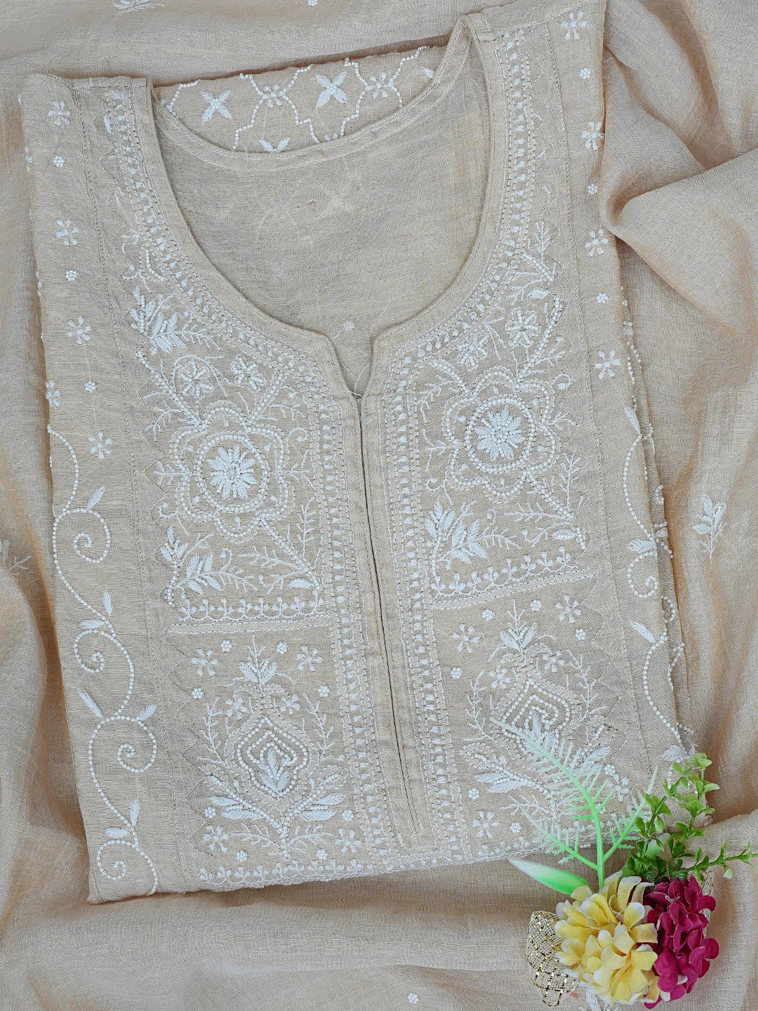 Ada Hand Embroidered Fawn Tissue Lucknowi Chikankari Semi-Stitched Kurta Dupatta Set With Pearl Work 01A815543