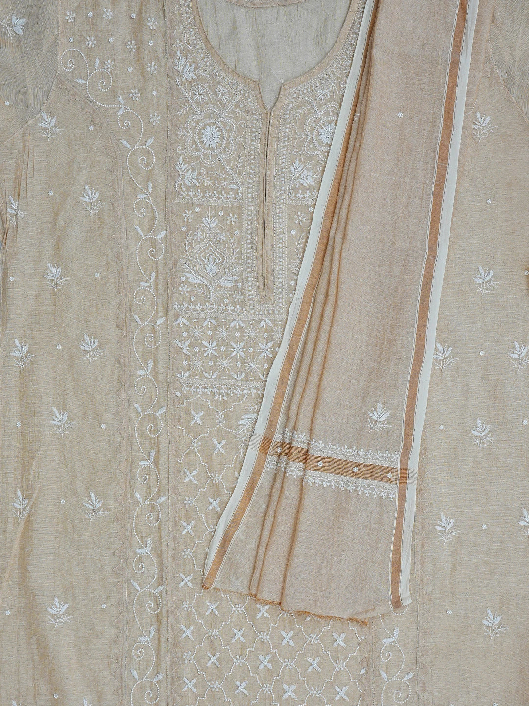 Ada Hand Embroidered Fawn Tissue Lucknowi Chikankari Semi-Stitched Kurta Dupatta Set With Pearl Work 01A815543