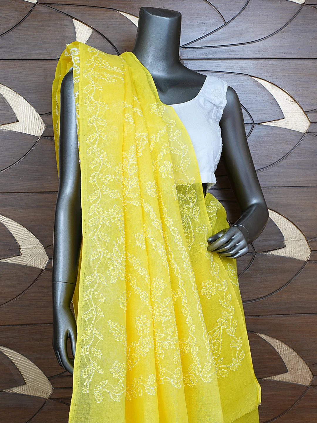 Ada Hand Embroidered Yellow Cotton Lucknowi Chikankari Saree and Blouse 01A853484