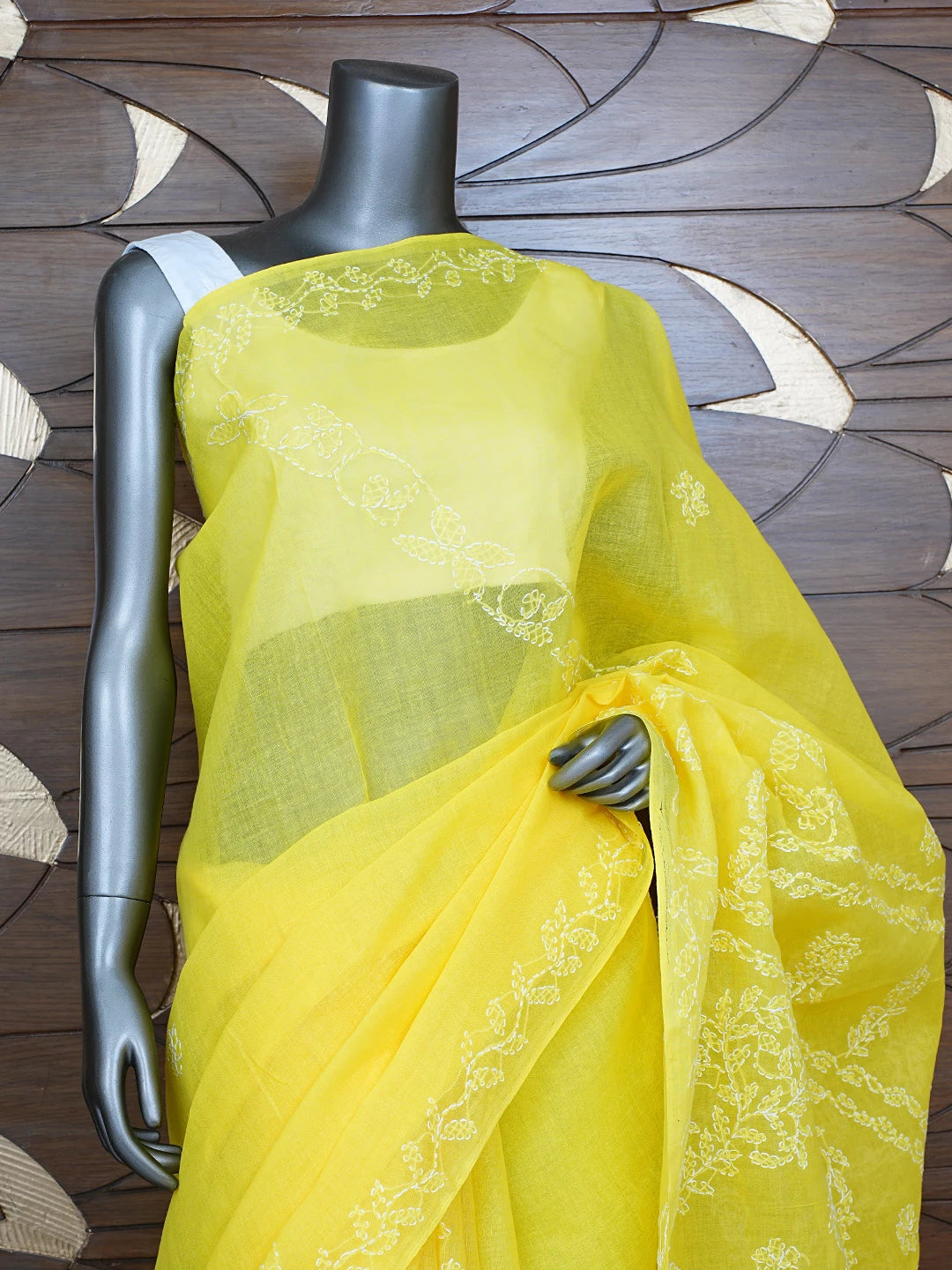 Ada Hand Embroidered Yellow Cotton Lucknowi Chikankari Saree and Blouse 01A853484
