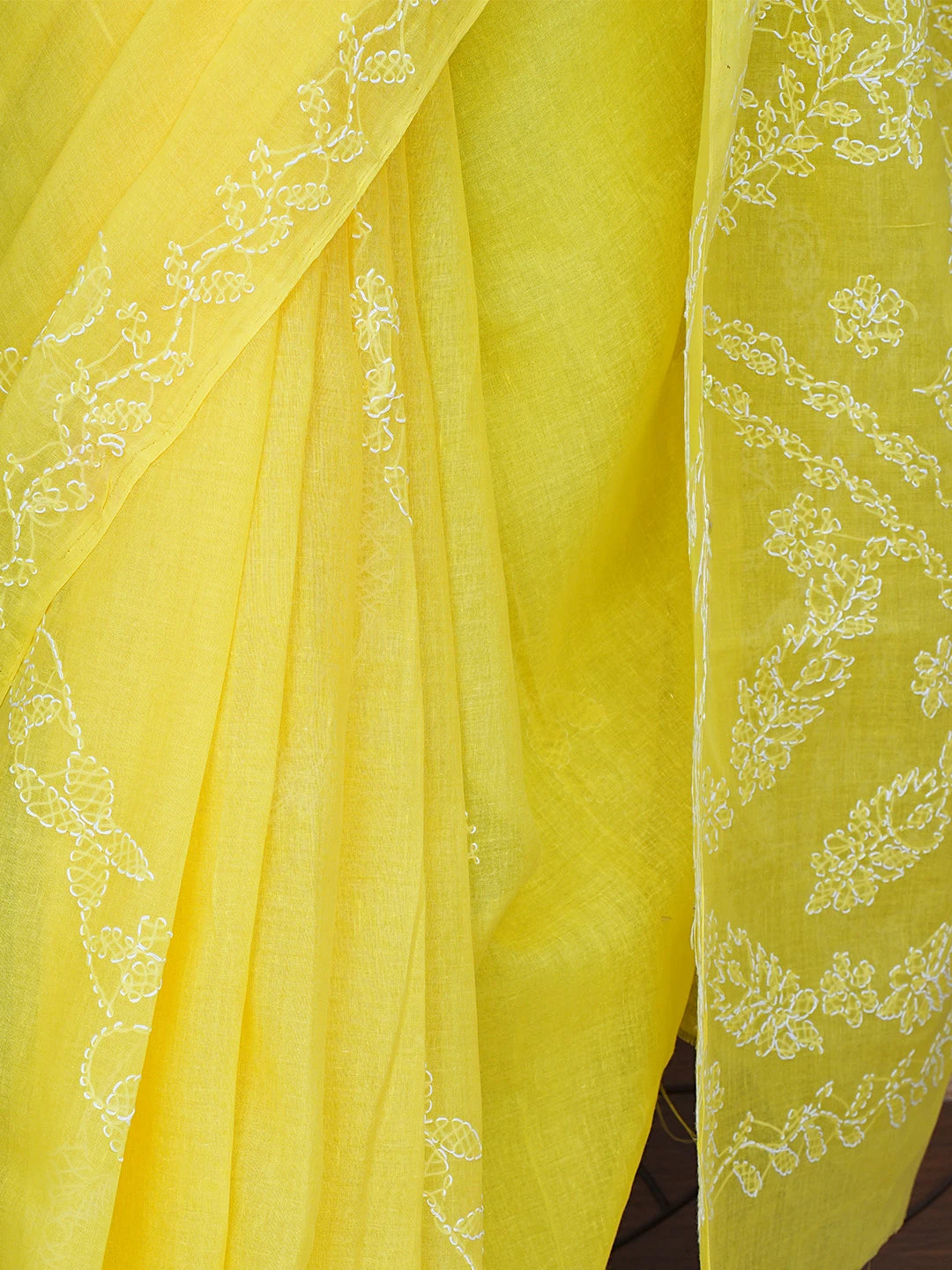 Ada Hand Embroidered Yellow Cotton Lucknowi Chikankari Saree and Blouse 01A853484