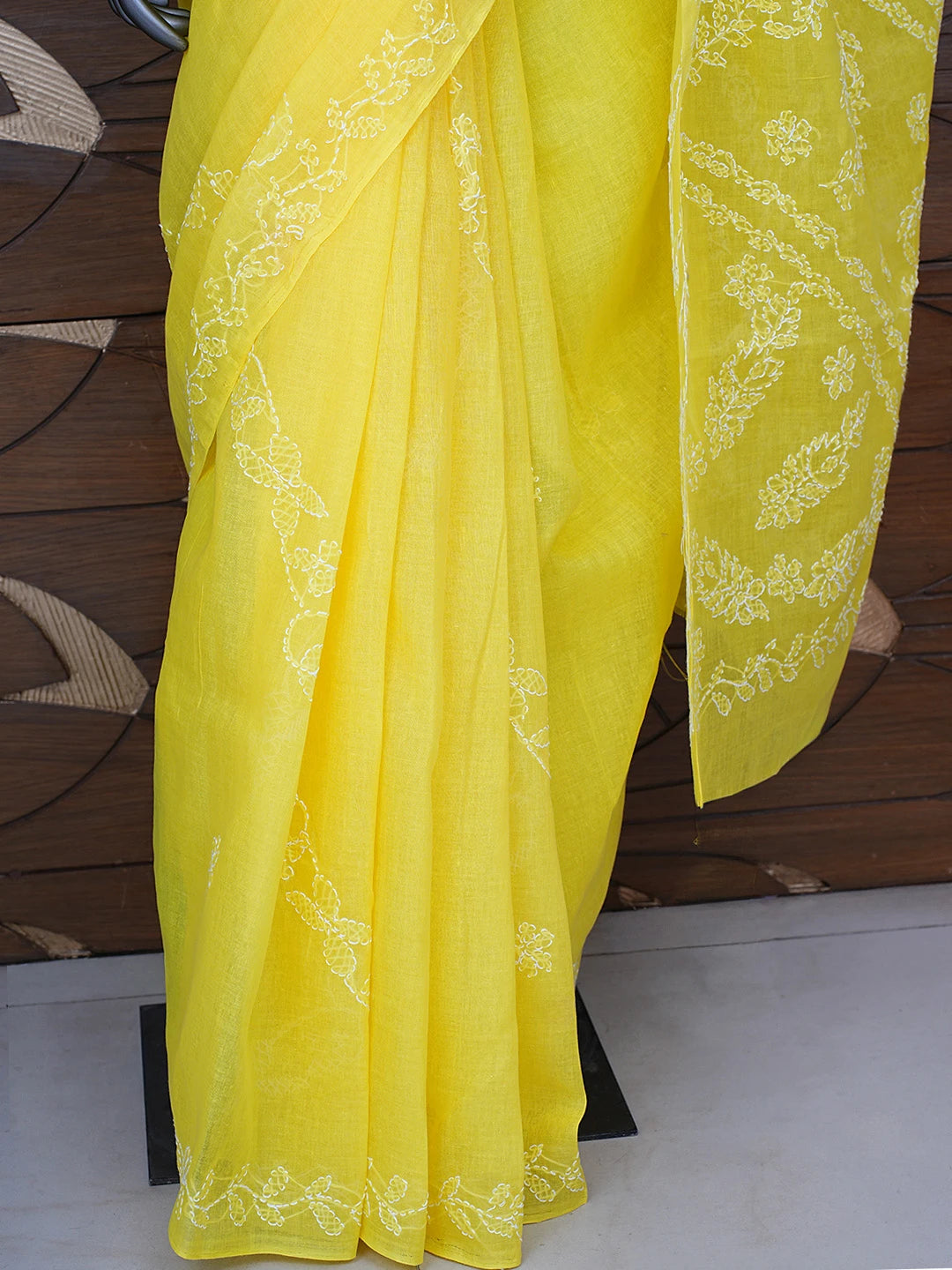 Ada Hand Embroidered Yellow Cotton Lucknowi Chikankari Saree and Blouse 01A853484