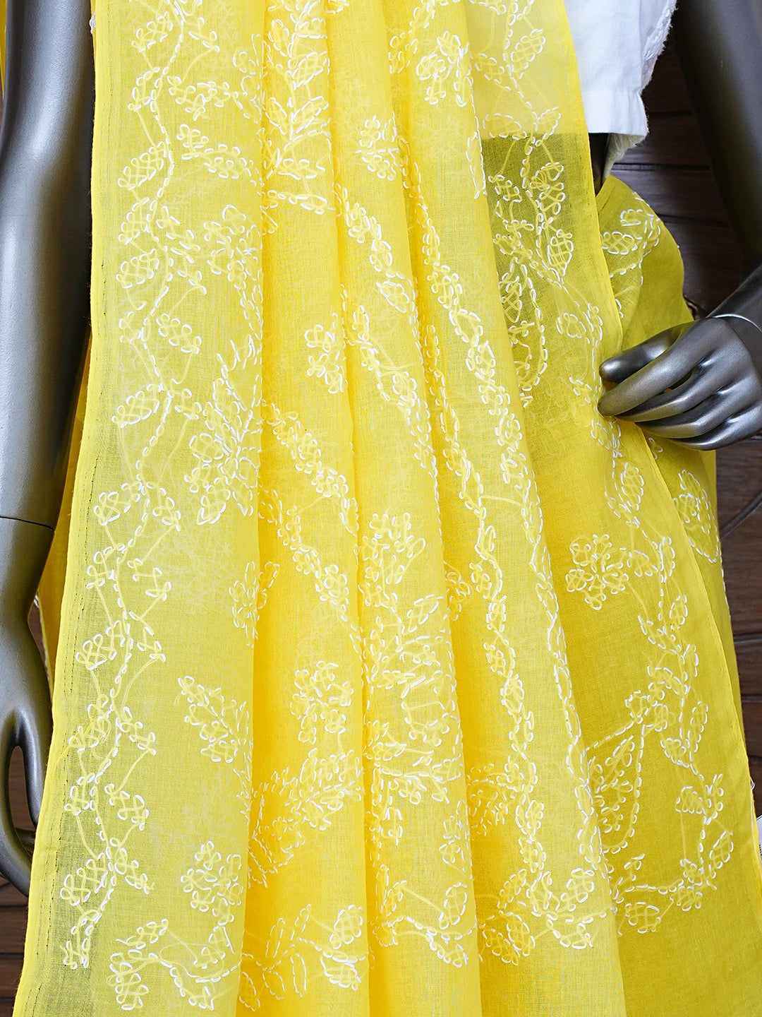 Ada Hand Embroidered Yellow Cotton Lucknowi Chikankari Saree and Blouse 01A853484