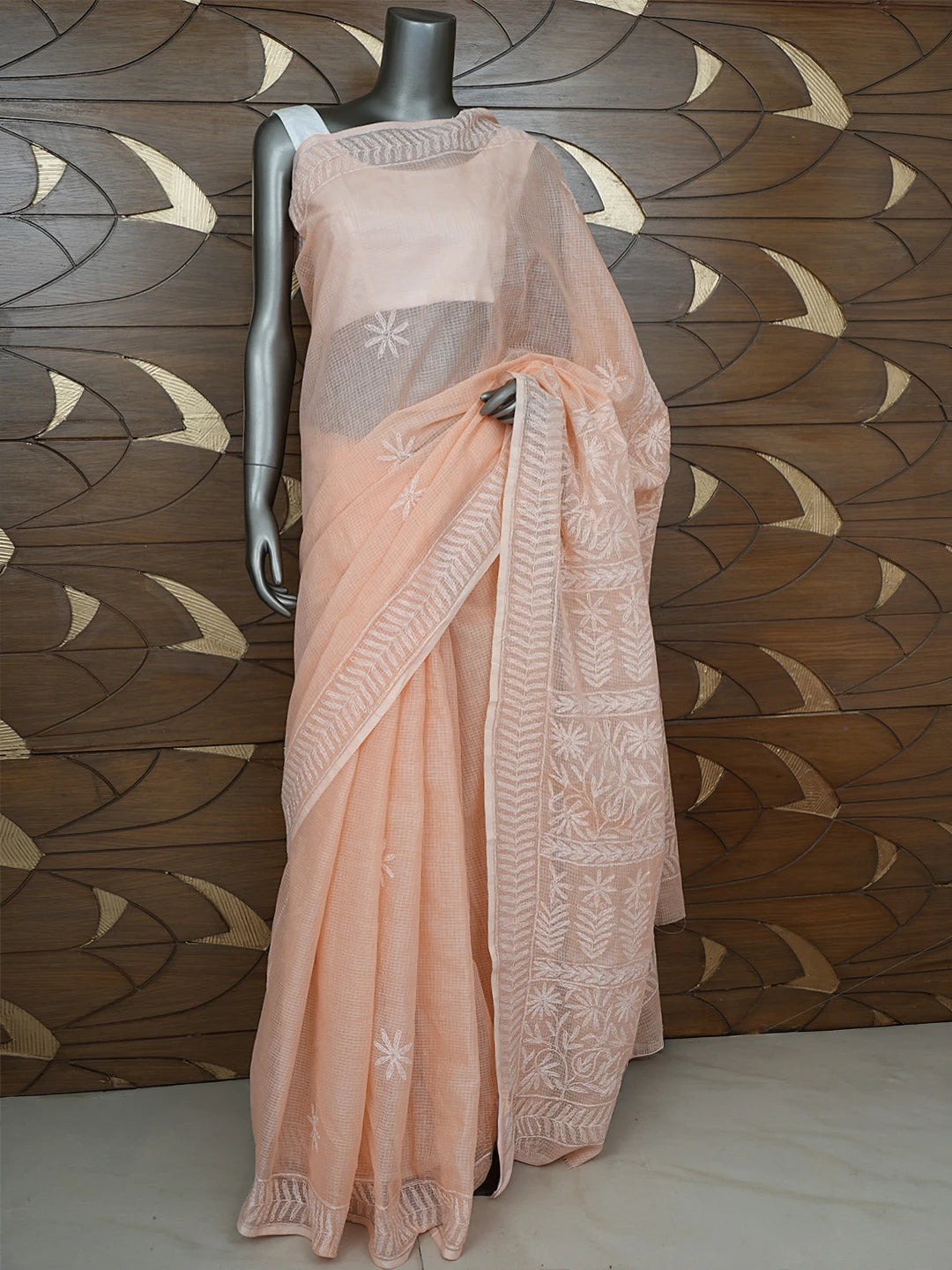 Ada Hand Embroidered Peach Kota Lucknowi Chikankari Saree With Blouse 01A795041