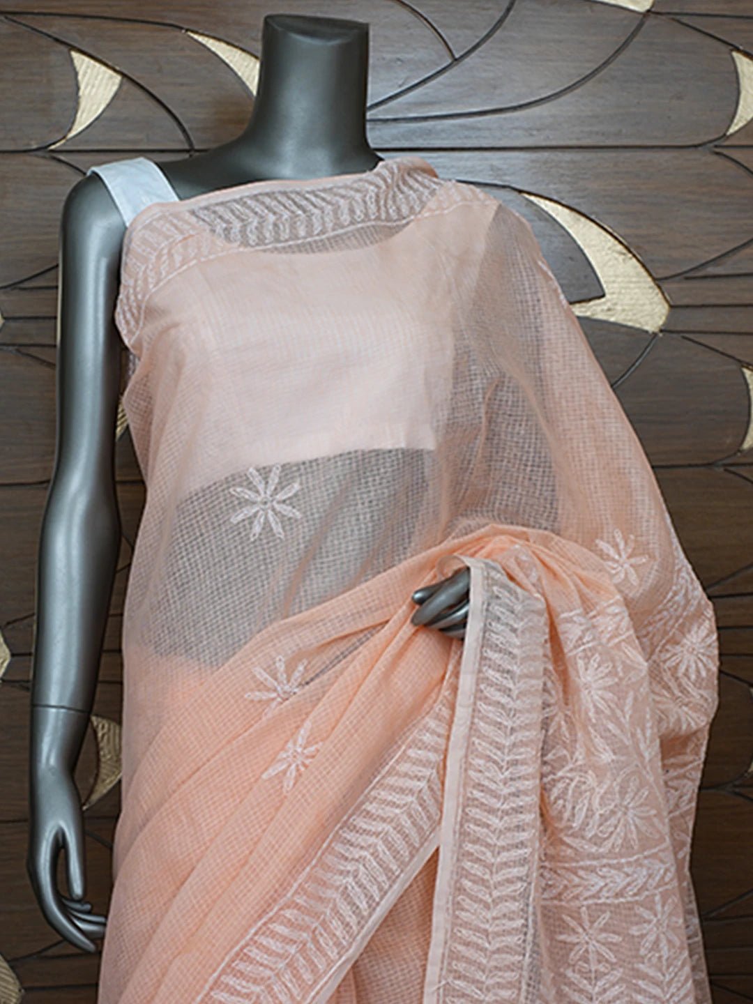 Ada Hand Embroidered Peach Kota Lucknowi Chikankari Saree With Blouse 01A795041