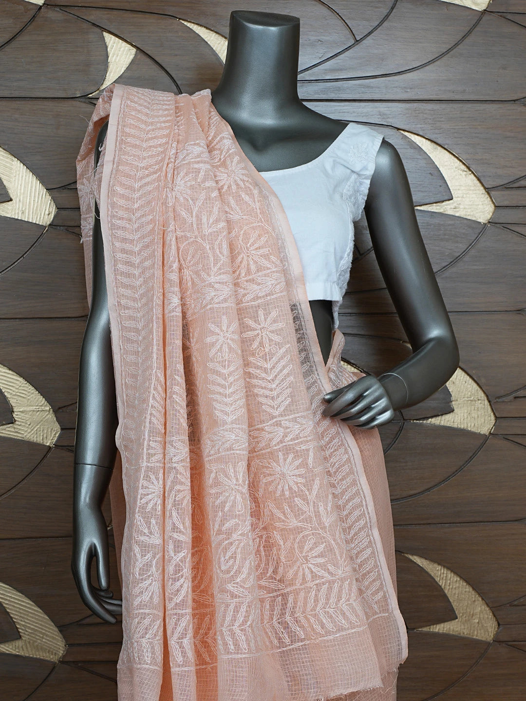 Ada Hand Embroidered Peach Kota Lucknowi Chikankari Saree With Blouse 01A795041