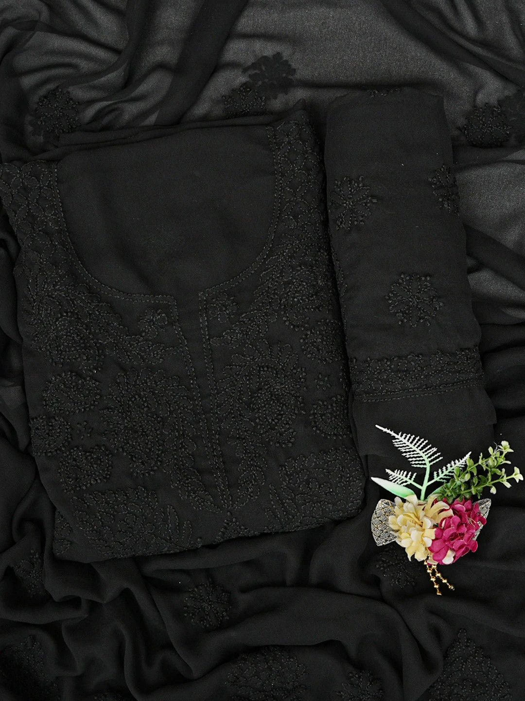Ada Hand Embroidered Black Georgette Lucknowi Chikankari Unstitched Suit Piece 01A854961