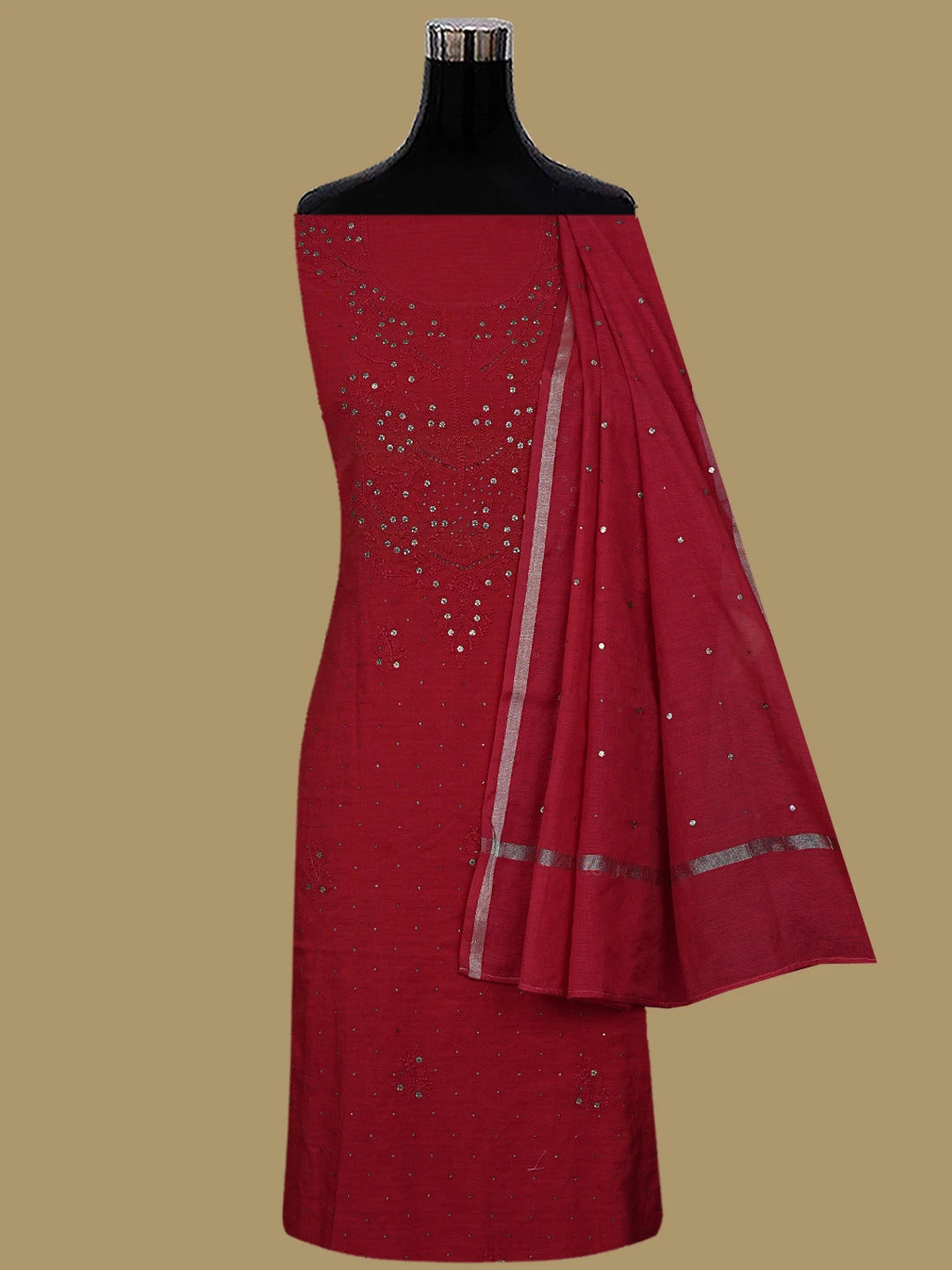 Ada Hand Embroidered Red Chanderi Lucknowi Chikankari Unstitched Kurta Dupatta Set With Mukaish Work 01A133801