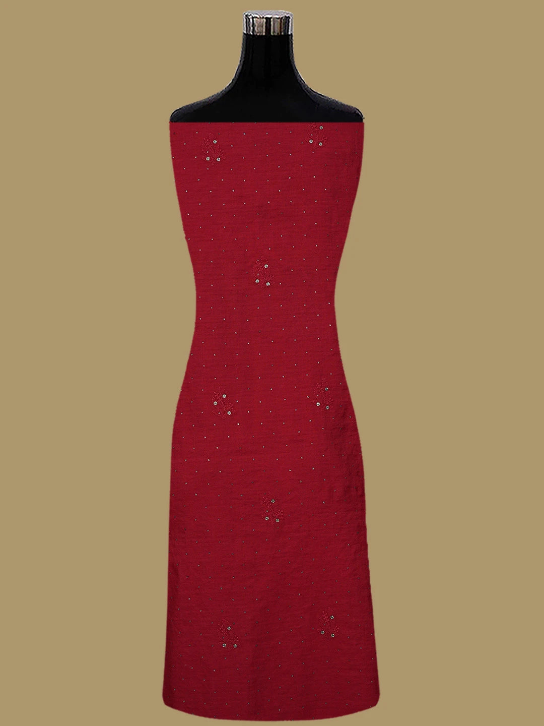 Ada Hand Embroidered Red Chanderi Lucknowi Chikankari Unstitched Kurta Dupatta Set With Mukaish Work 01A133801