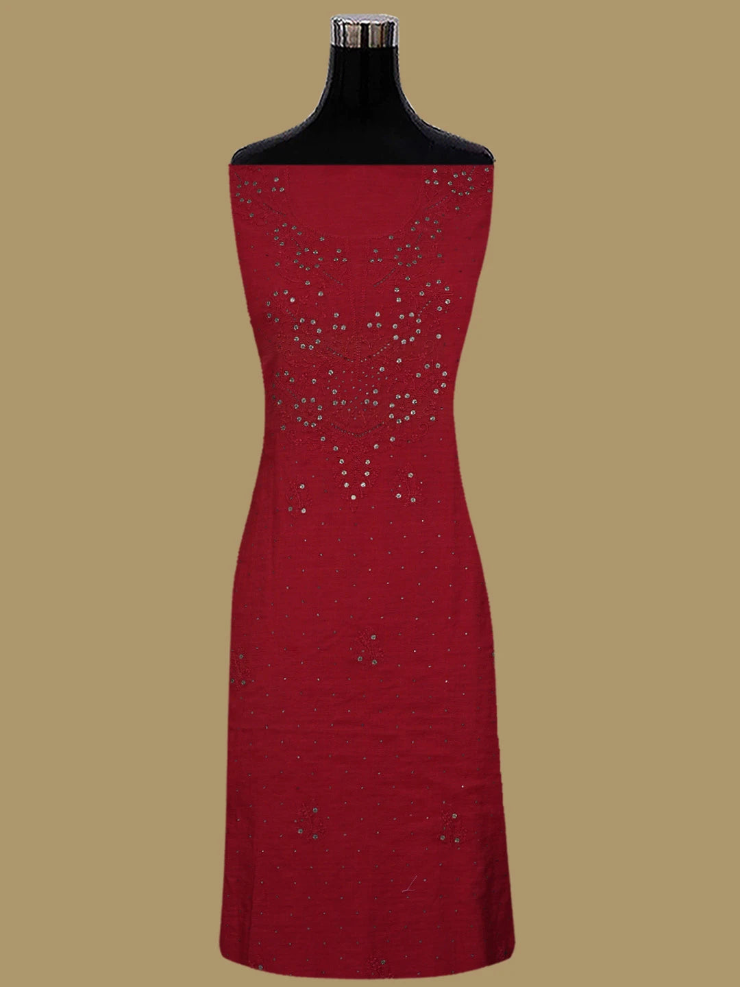 Ada Hand Embroidered Red Chanderi Lucknowi Chikankari Unstitched Kurta Dupatta Set With Mukaish Work 01A133801