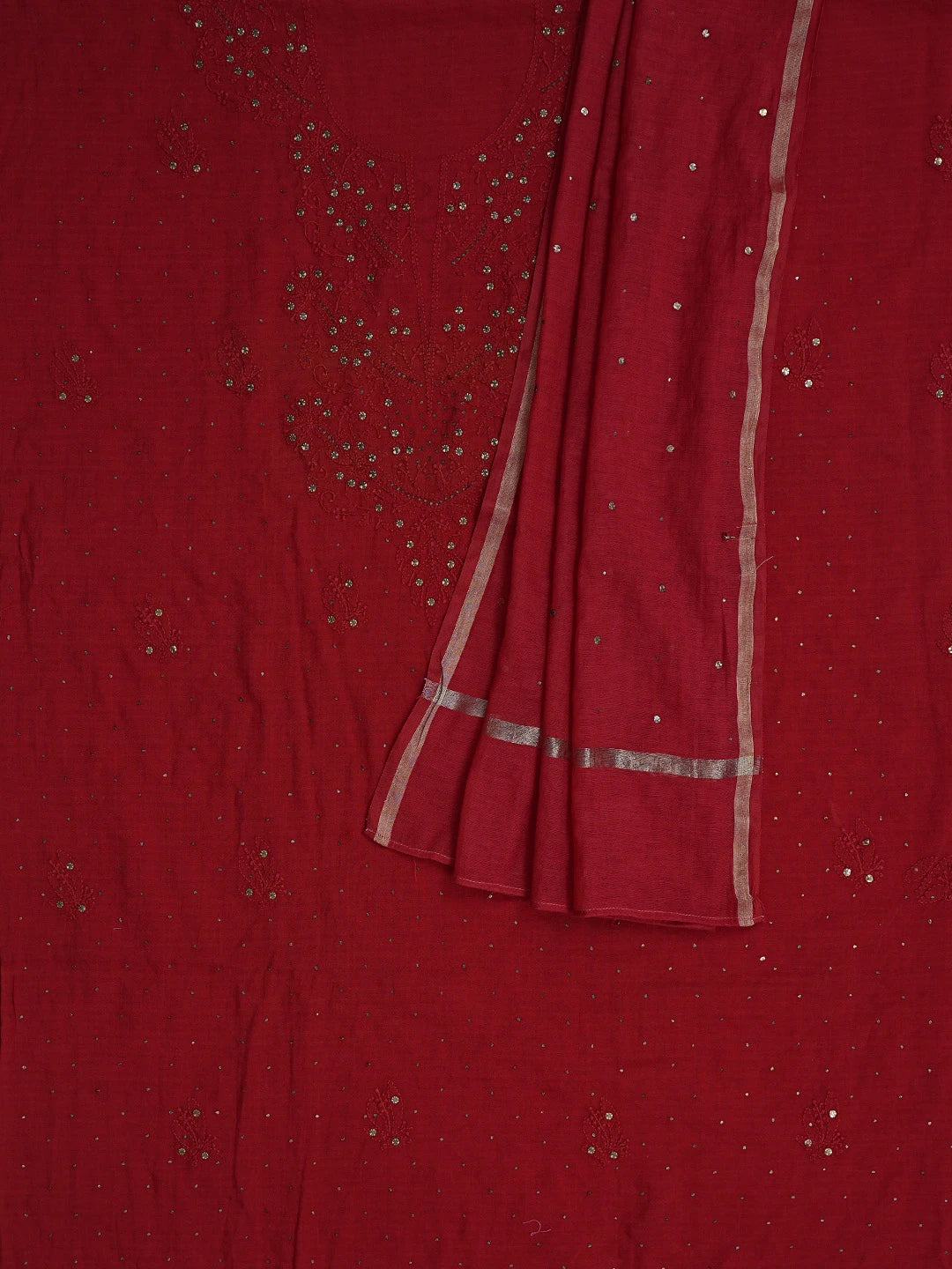 Ada Hand Embroidered Red Chanderi Lucknowi Chikankari Unstitched Kurta Dupatta Set With Mukaish Work 01A133801