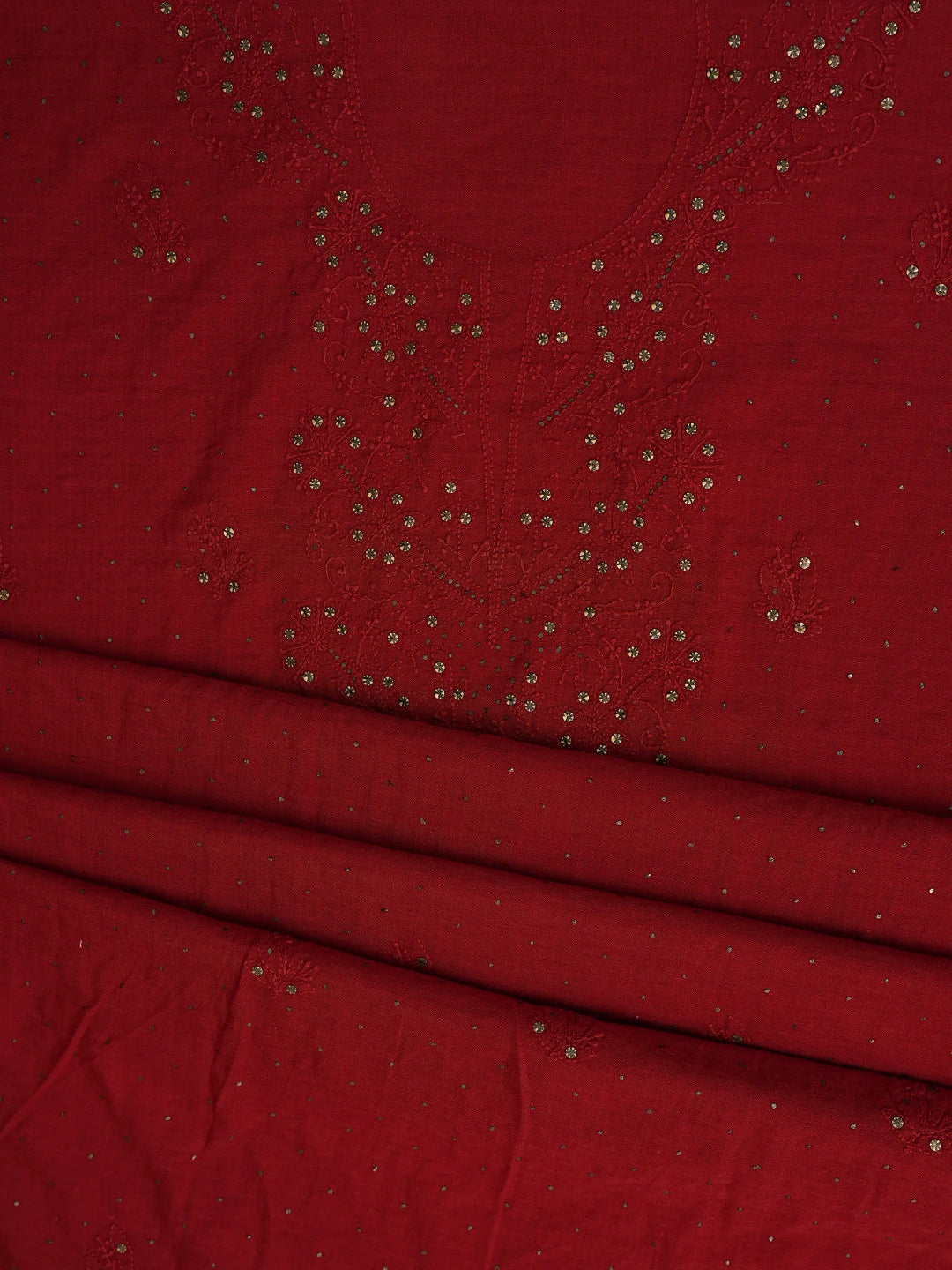 Ada Hand Embroidered Red Chanderi Lucknowi Chikankari Unstitched Kurta Dupatta Set With Mukaish Work 01A133801