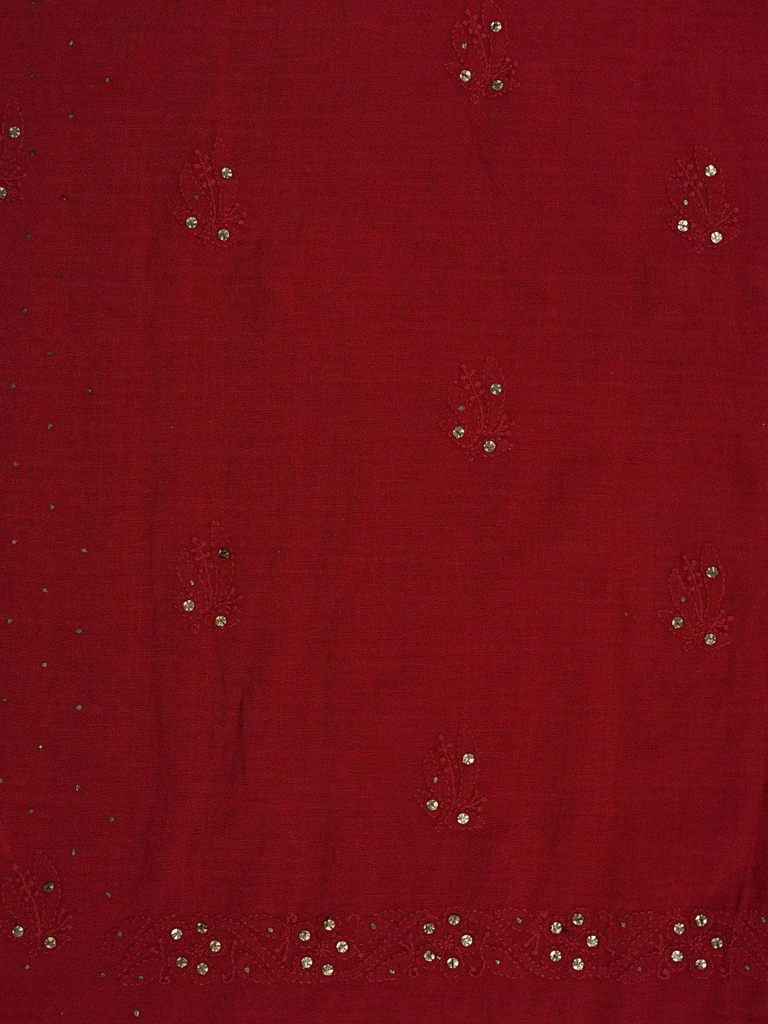 Ada Hand Embroidered Red Chanderi Lucknowi Chikankari Unstitched Kurta Dupatta Set With Mukaish Work 01A133801