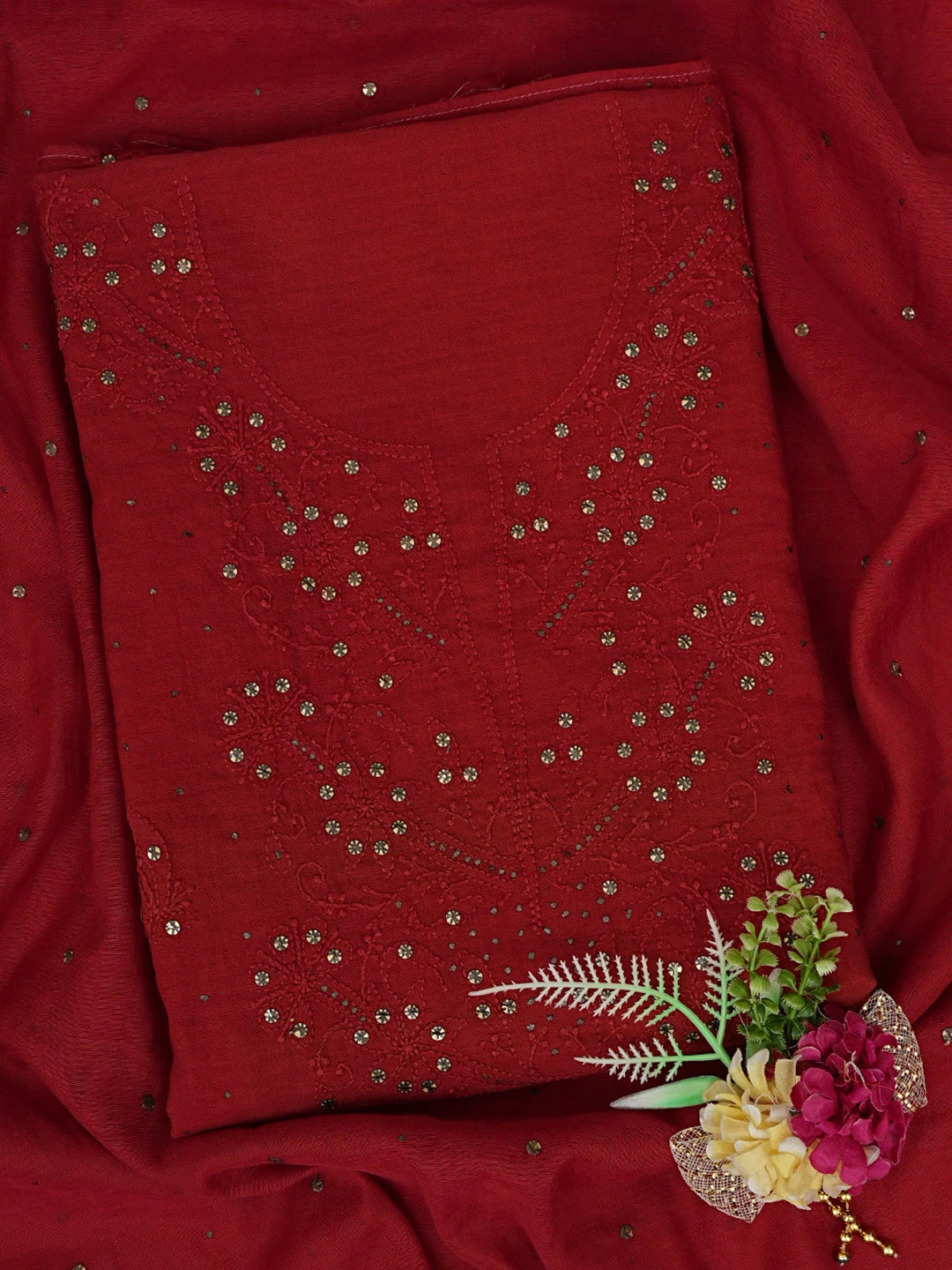 Ada Hand Embroidered Red Chanderi Lucknowi Chikankari Unstitched Kurta Dupatta Set With Mukaish Work 01A133801